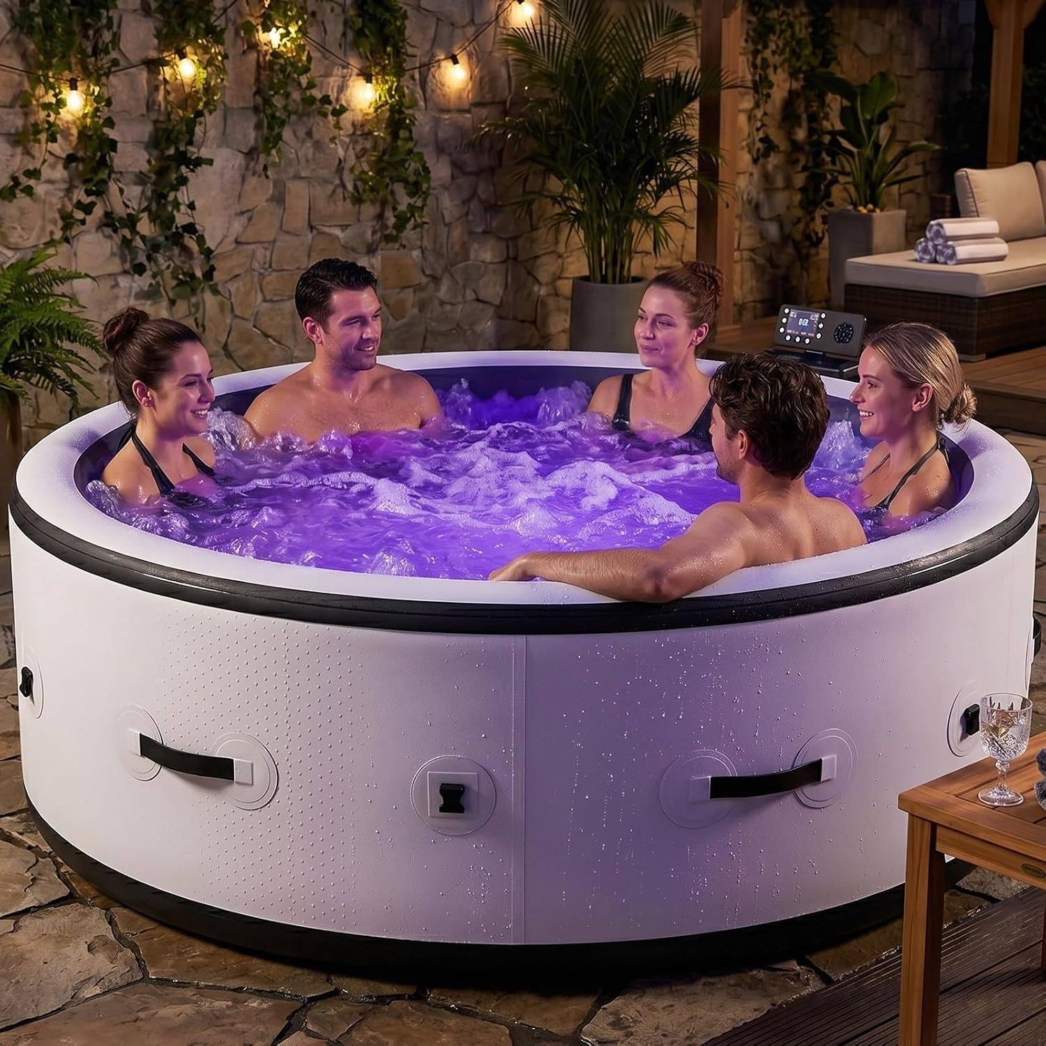 Spa Gonflable Extérieur 4–6 Personnes, LED Multicolore et Commande Tactile
