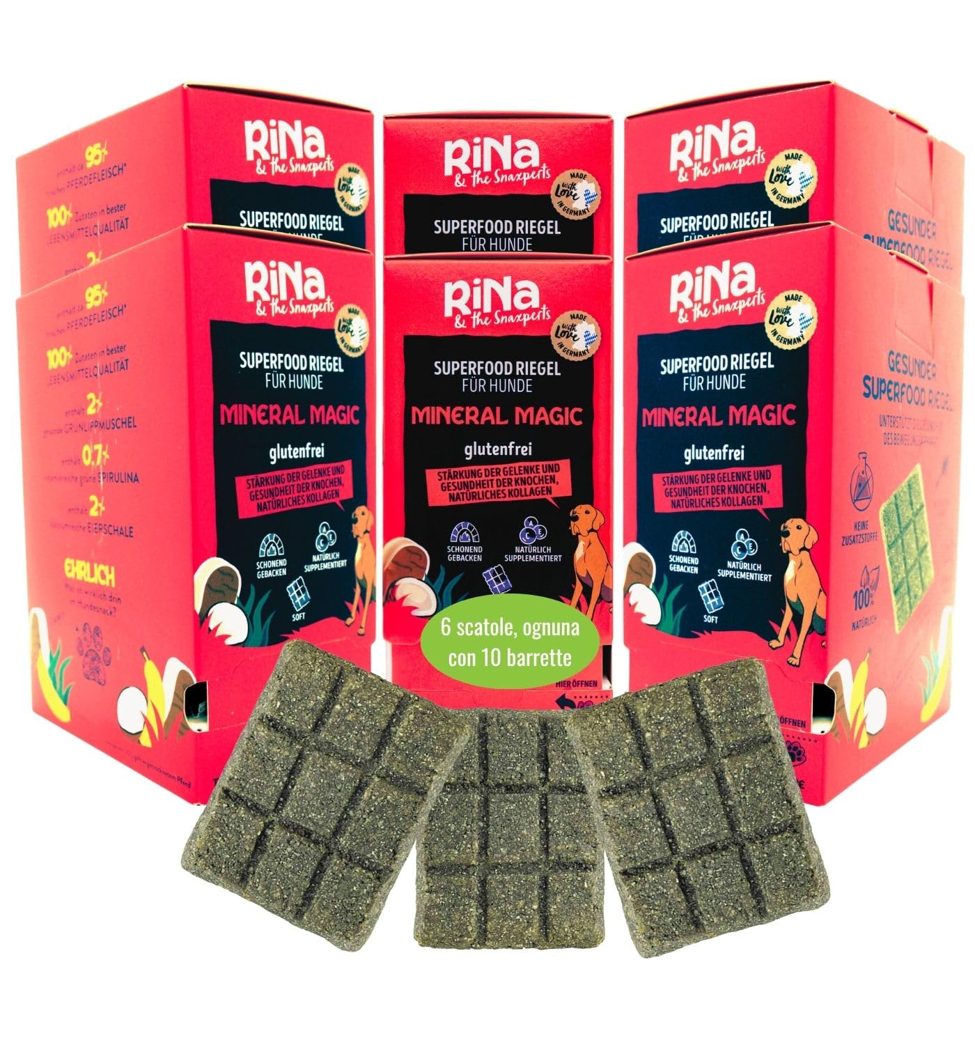 RiNa - Dolcetti per cani al forno delicatamente con cavallo e cocco, per ossa, denti e equilibrio minerale, 6 x 300 g, facili da porzionare
