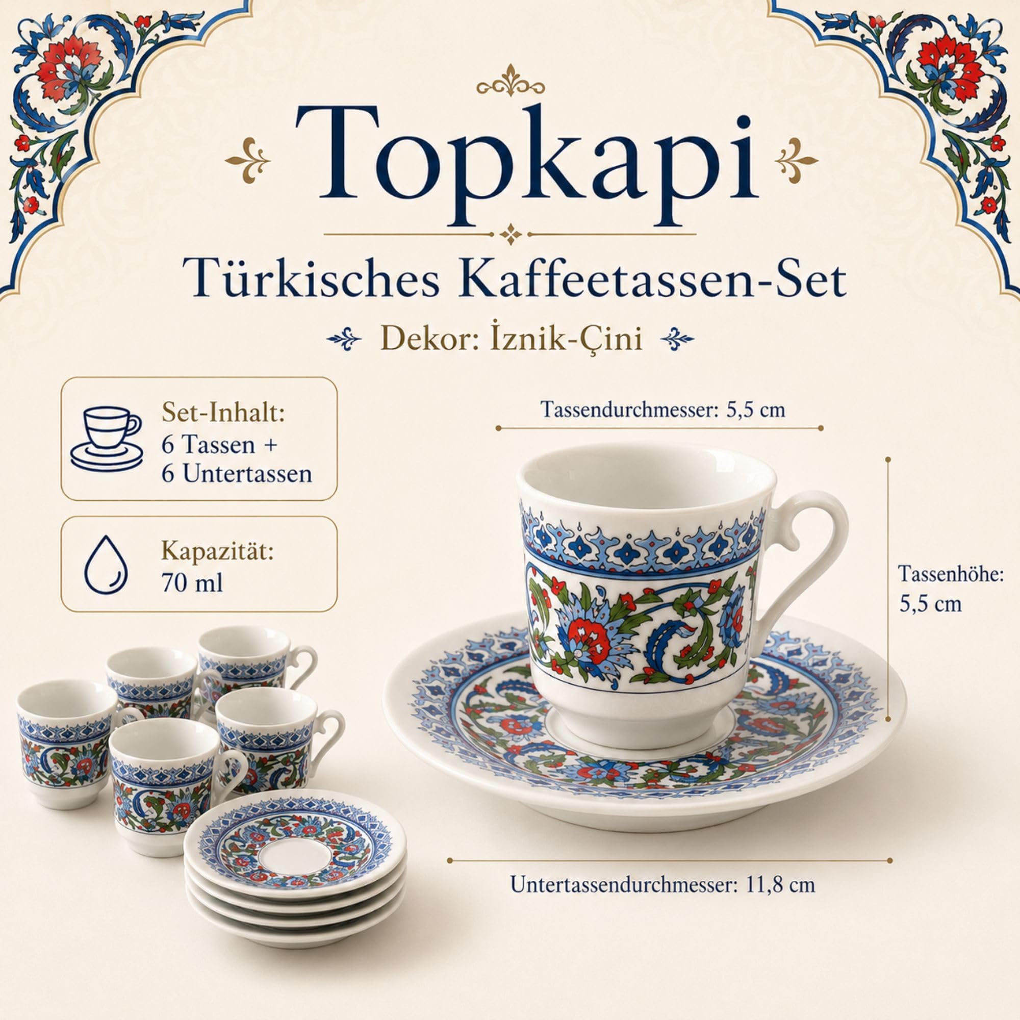 Kütahya Porselen Topkapi Türkische Kaffeetassen 12-teilig, aus Porzellan, 6 Mokkatassen 70 ml mit 6 Untertassen, İznik Dekor, Türkischer Kaffee Espresso Tassen Set, Floral