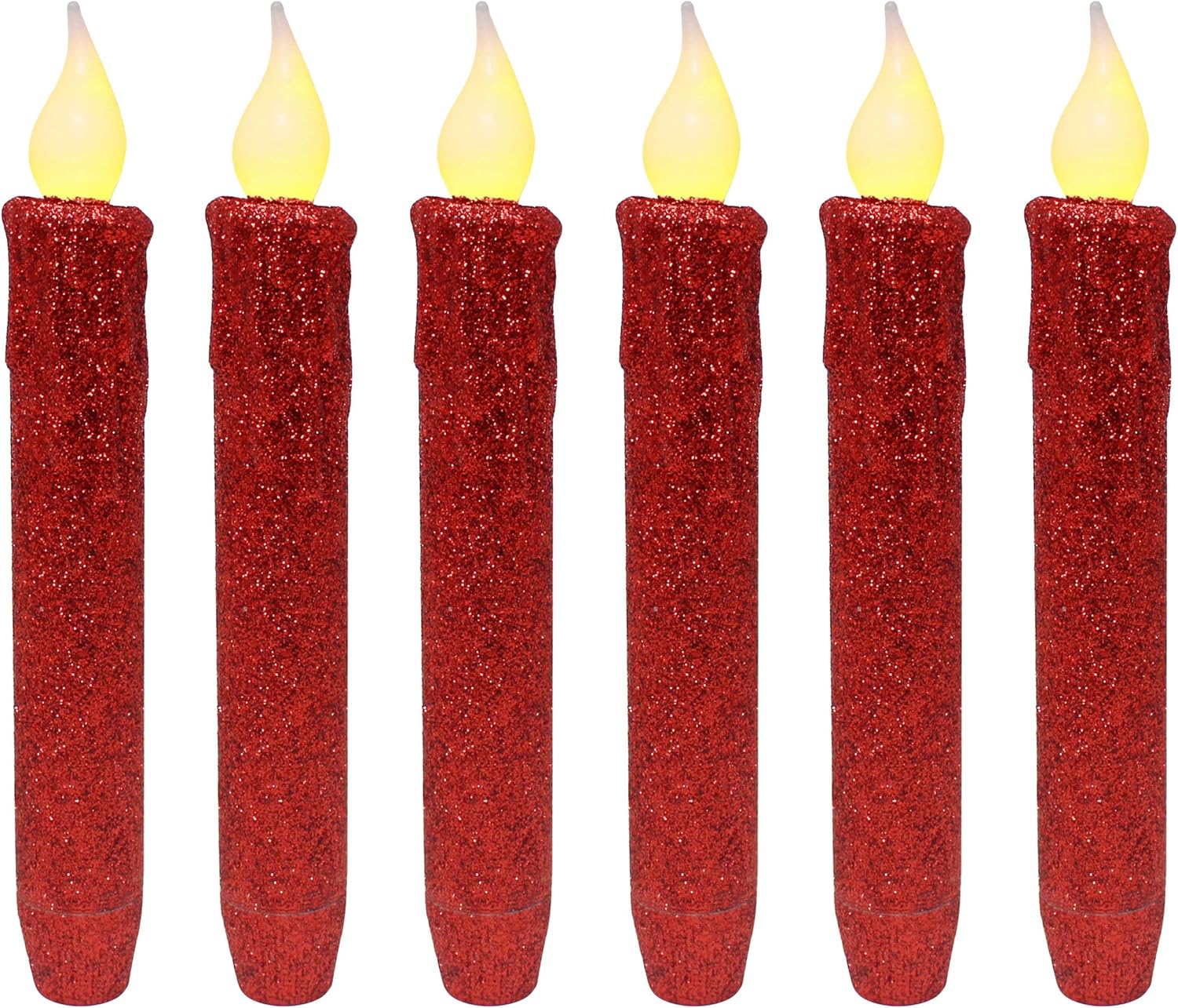 CVHOMEDECO. Glitter Flameless Candles Flickering Battery Operated LED Taper Candles with Timer for Home, Wedding, Halloween, Christmas Decor. Red, 6-3/4 Inch, Set of 6