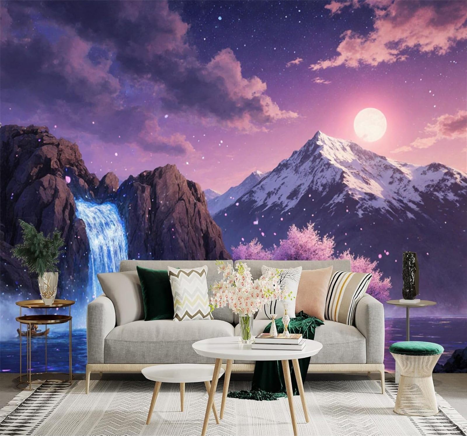 Tzxztt Ethereal Moonlight Snow Capped Mountains Cherry Blossoms Waterfall Modern 3D Wallpaper Premium Textured Silk Neutral Tones Material Ideal for Living Room Bedroom-200cm×140cm