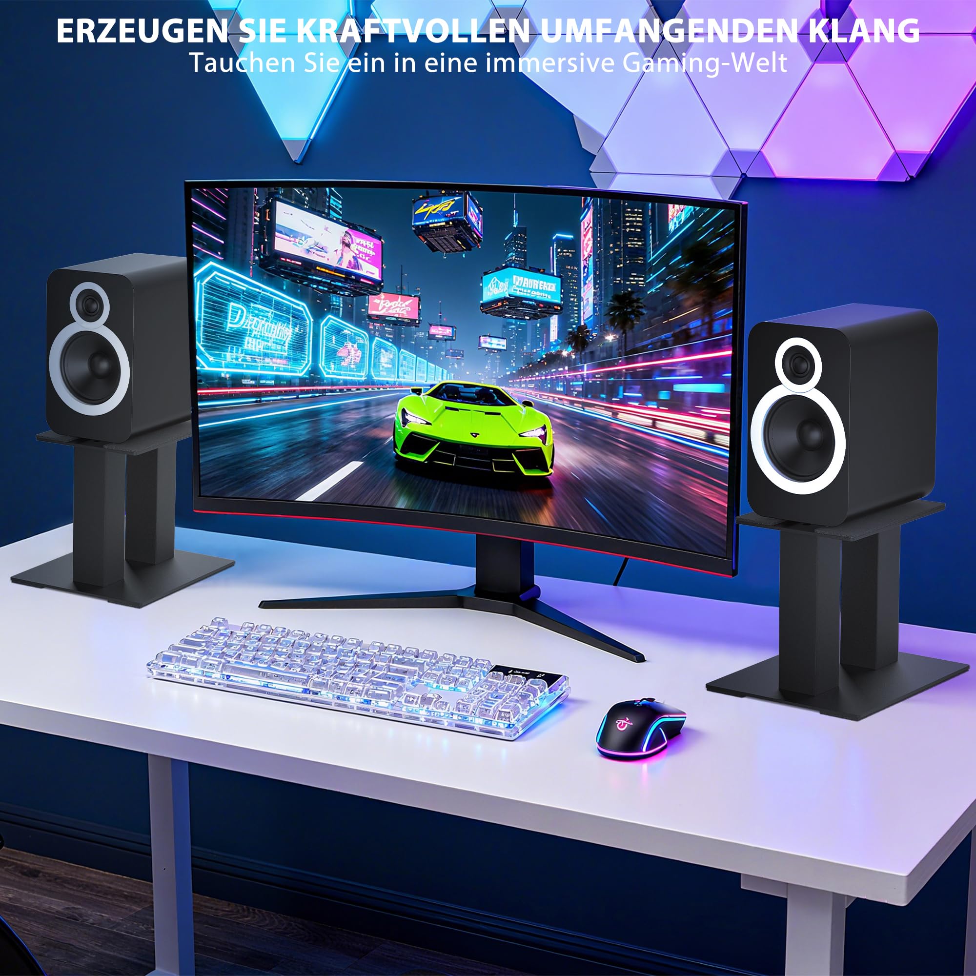 2er-Pack Desktop Lautsprecherständer, Universelle Desktop Audio Ständer aus Metall bis zu 13 KG, 2 Ständer für Computer und Bücherregal Lautsprecher (Regulär)