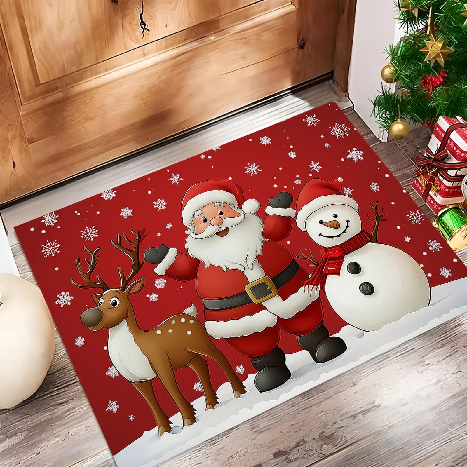 Felpudo Entrada Casa 90x150cm Alfombrilla Antideslizante Papá Noel, Los Renos Y El Muñeco De Nieve, Alfombra Absorbente Tema Navideño para Puerta Interior y Exterior, Pasillo, Oficina - Rojo