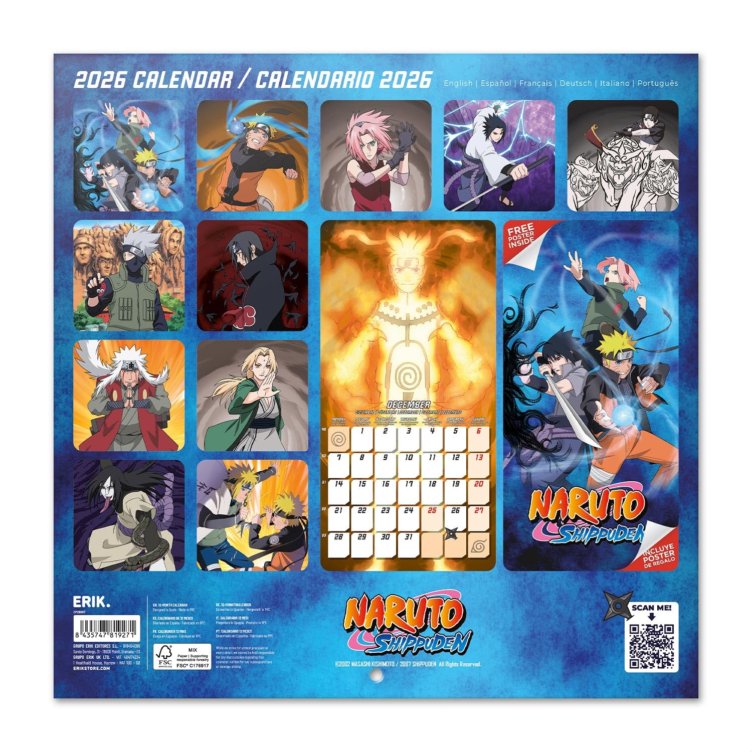 Grupo Erik Wall Calendar 2026 - Naruto Calendar 2026 | Square 30 x 30 cm - 12 x 12 inches Wall Planner, Family Planner Month To View | Shippuden Naruto Manga, Anime Gifts For Friends
