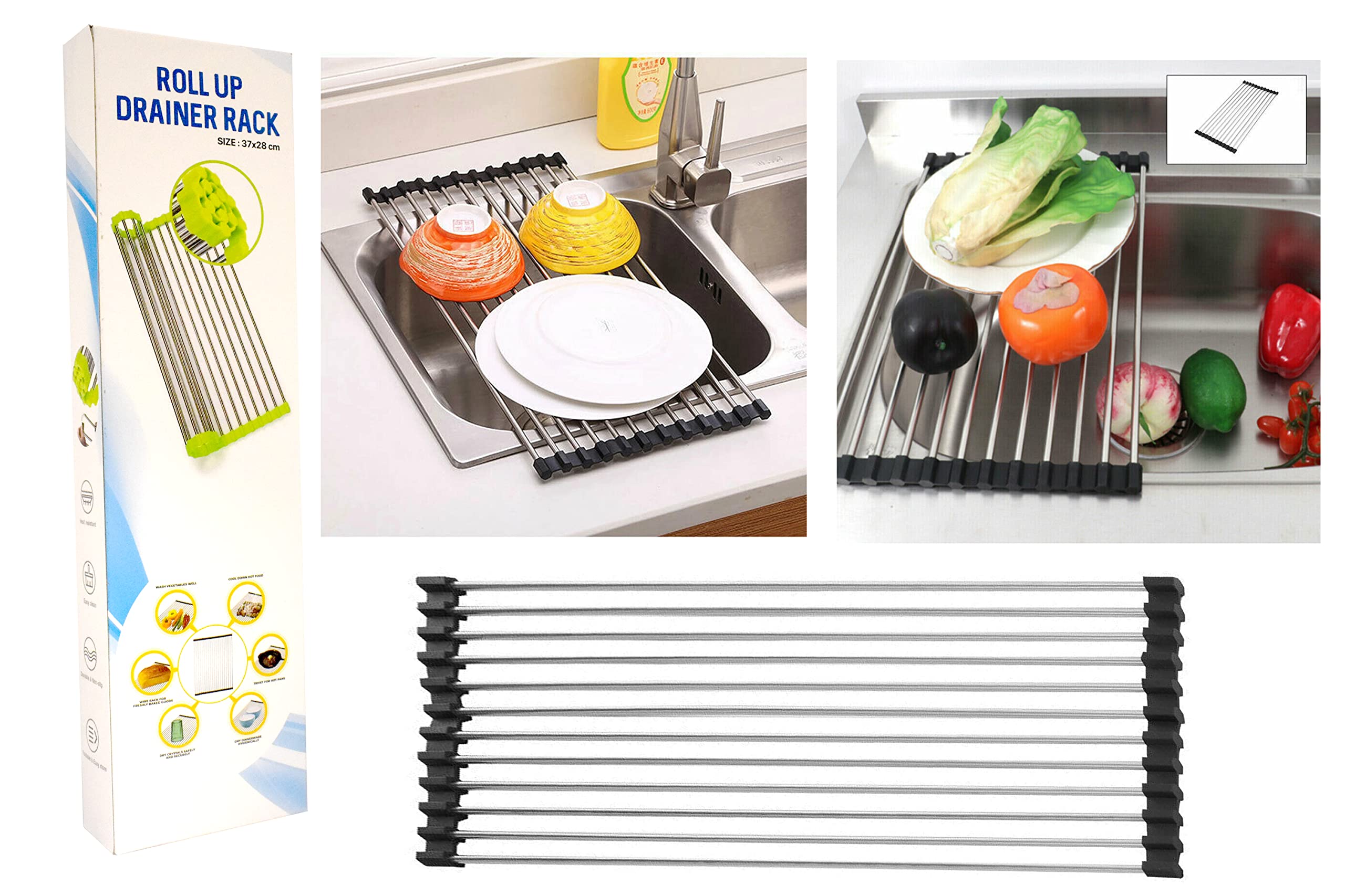 GulfDealz Roll Up Dish Drying Rack - Silicone Coated Over The Sink Dish Drying Rack - Multifunction Roll Out Drying Rack for Sink, Anti Slip and Anti Rust Folding Dish Drying Rack (37x28) Black