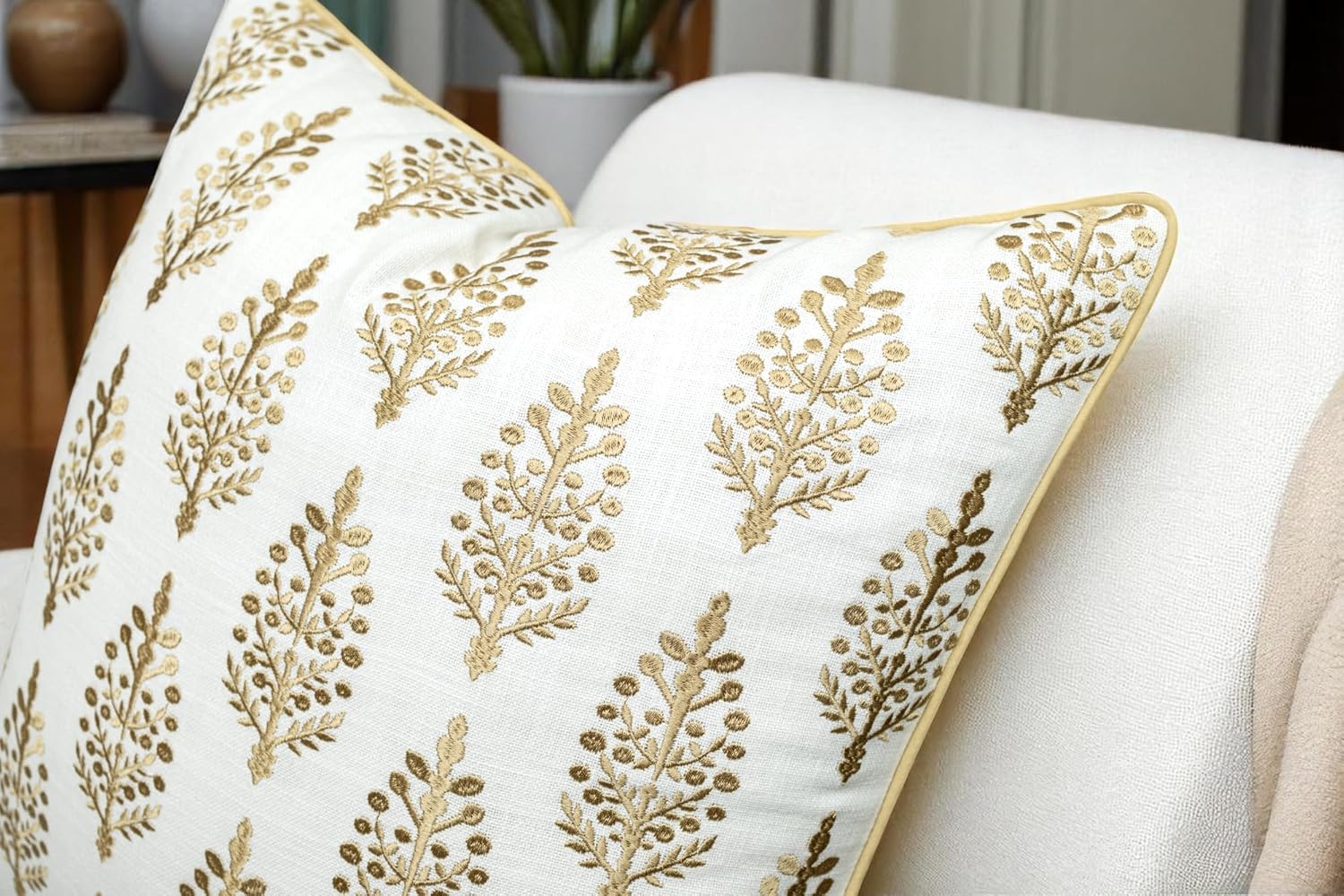 Chandni Paiseley Embroiderd Decorative Square Accent Throw Pillow Cover - Sofa, Chair, Couch, Bedroom, Living Room, Farmhouse Home Decor - 20x20 Inches-Ivory