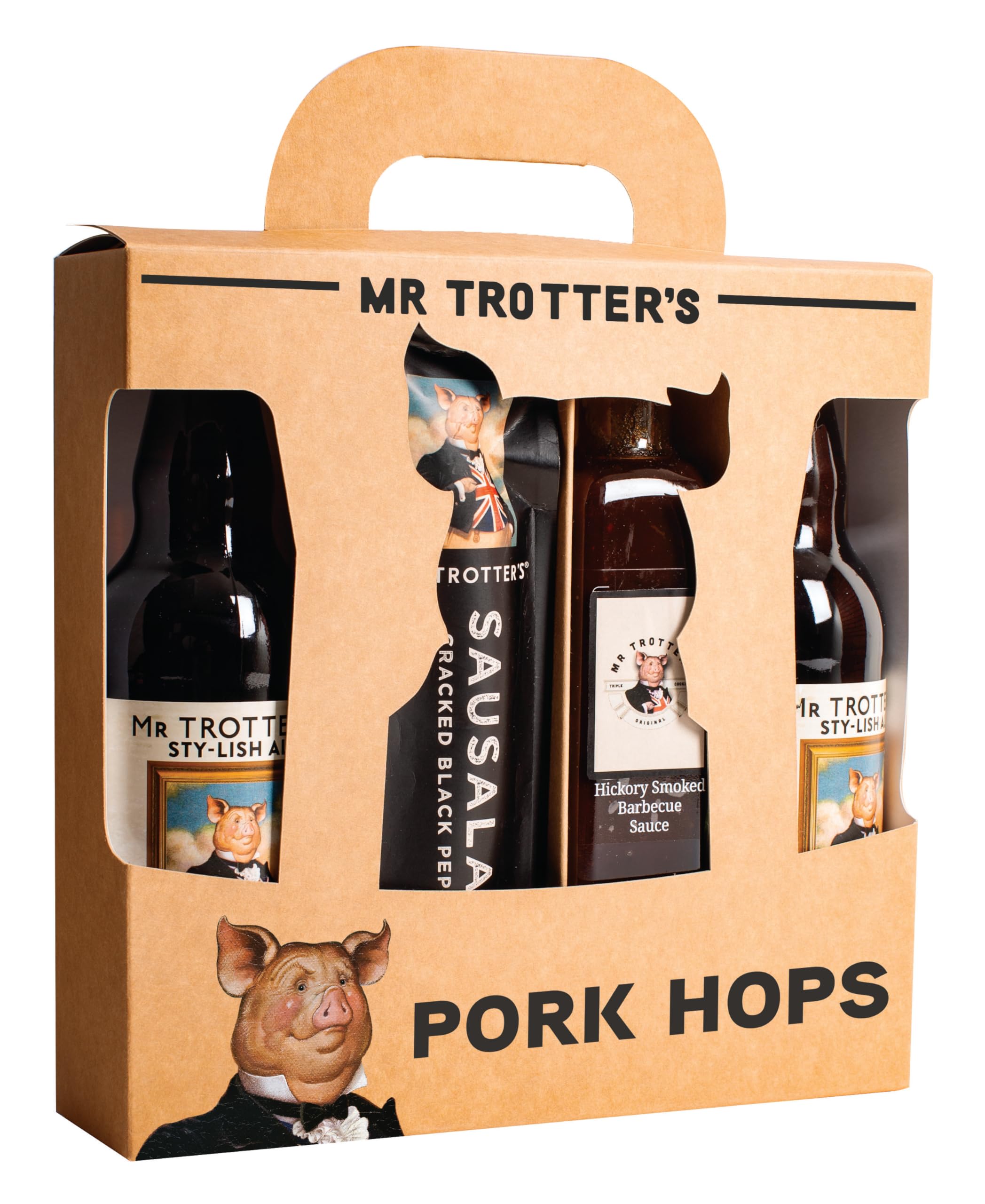 Mr Trotters - Pork Hops - A Collection of Sausalami, Hickory Smoked Barbeque Sauce and Two Bottles of Sty-Lish Ale (500ml, 3.6% ABV)