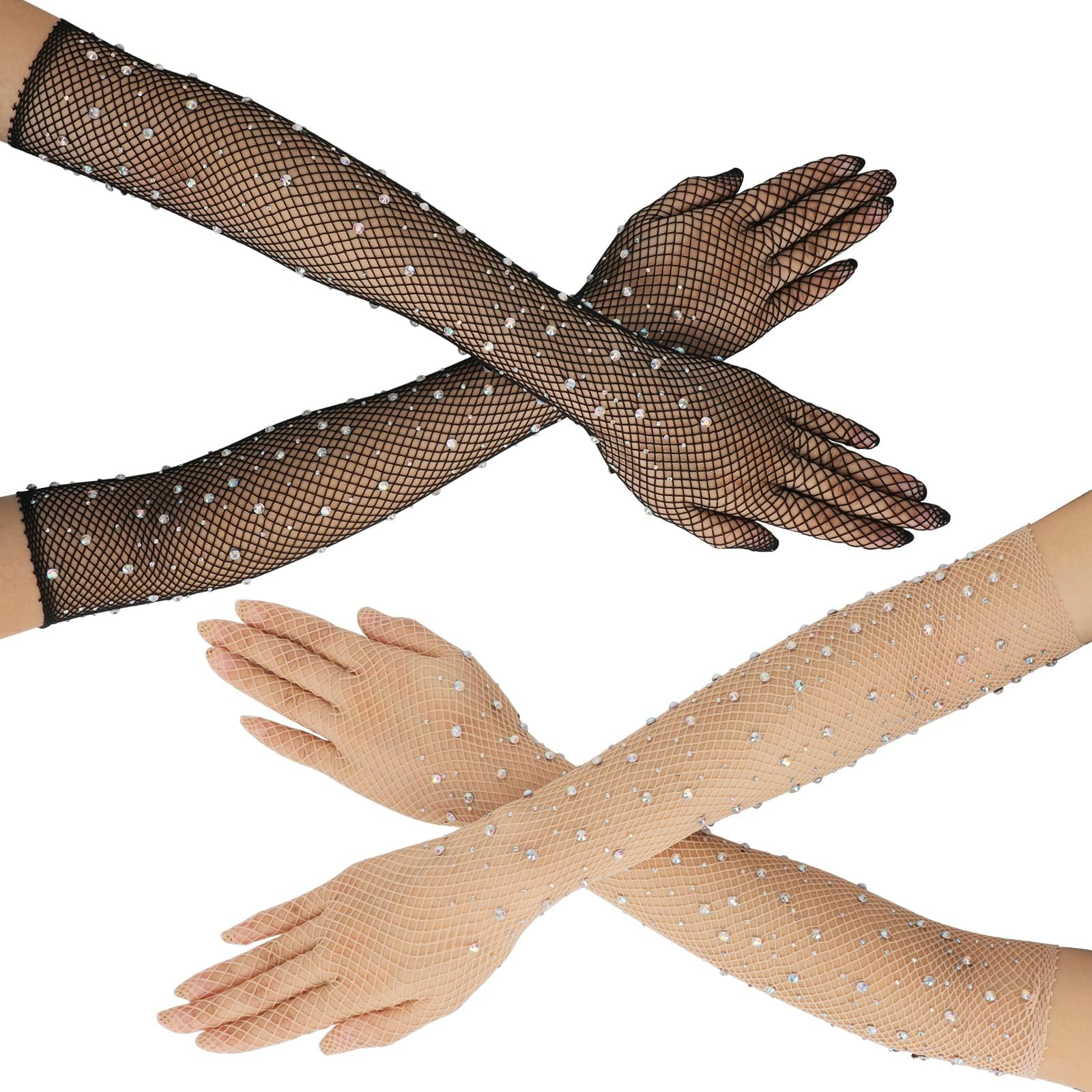 PHOGARYRhinestone Fishnet Long Gloves, Sparkly Glitter Gloves Opera Party Gloves Cosplay 80s 1920s Parties Accessories for Women Black Nude
