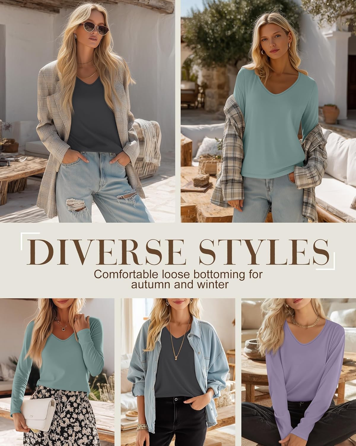 Ficerd 3 Pack Women's Long Sleeve T Shirts, V Neck Basic Tops Fall Casual Trendy Tees Loose Fit Soft Clothes Outfits - Image 3