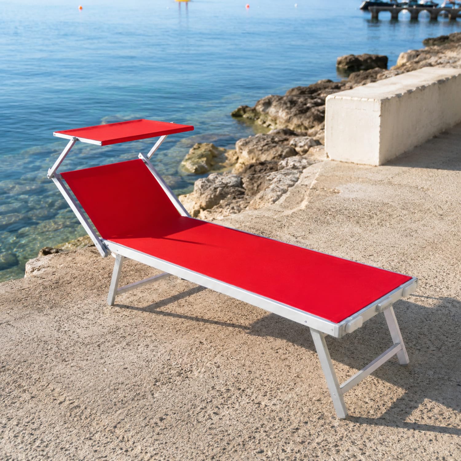 Bricozone Lettino Pieghevole Prendisole in Alluminio E Tessuto Textilene Professionale Con Tettuccio Parasole Orientabile Sdraio Per Mare Spiaggia Piscina Giardino 182 x 60 x 38 Cm Rosso