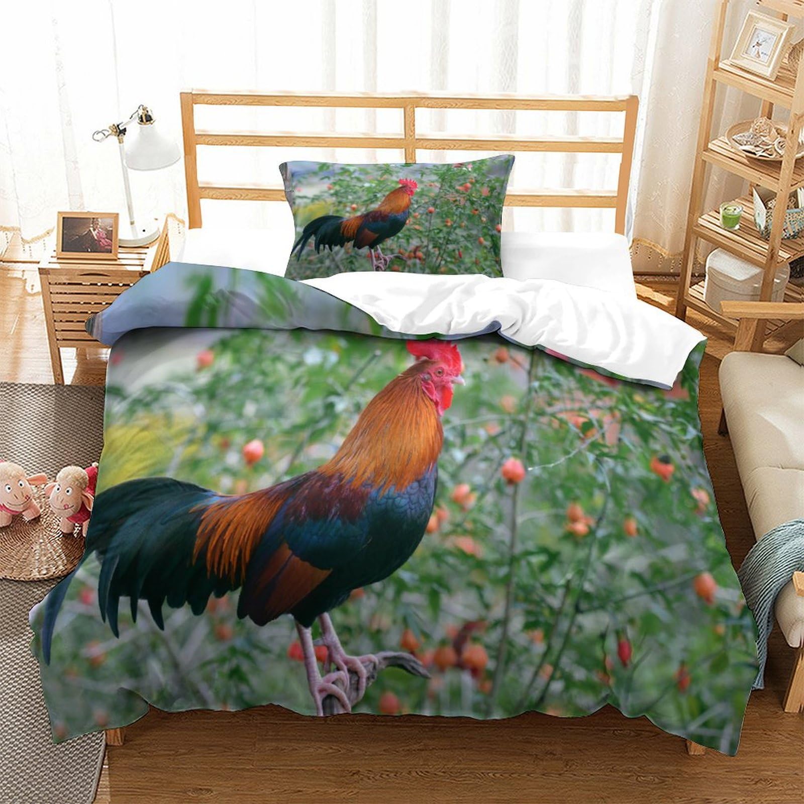 P1s9u7w5y Gallic Rooster 3D Printed Rustic Rooster 3Pcs Microfiber Farmhouse Duvet Cover Set Countryside Bedding Set Single（135X200cm）