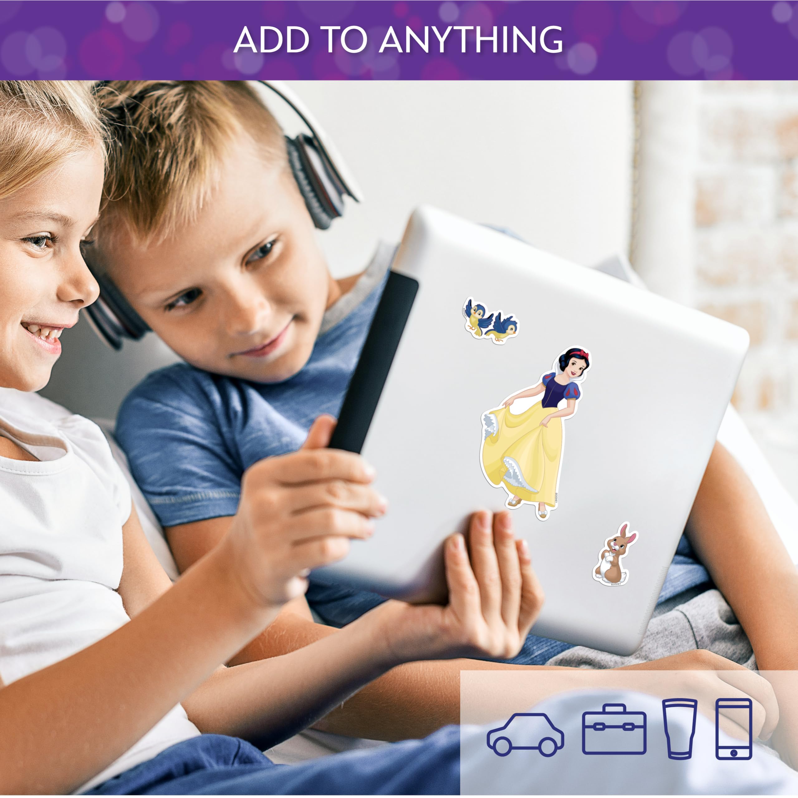 Set di 3 adesivi in vinile con principesse Disney Biancaneve, per auto, borraccia, laptop, skateboard, bici, casco, coniglietto e uccelli