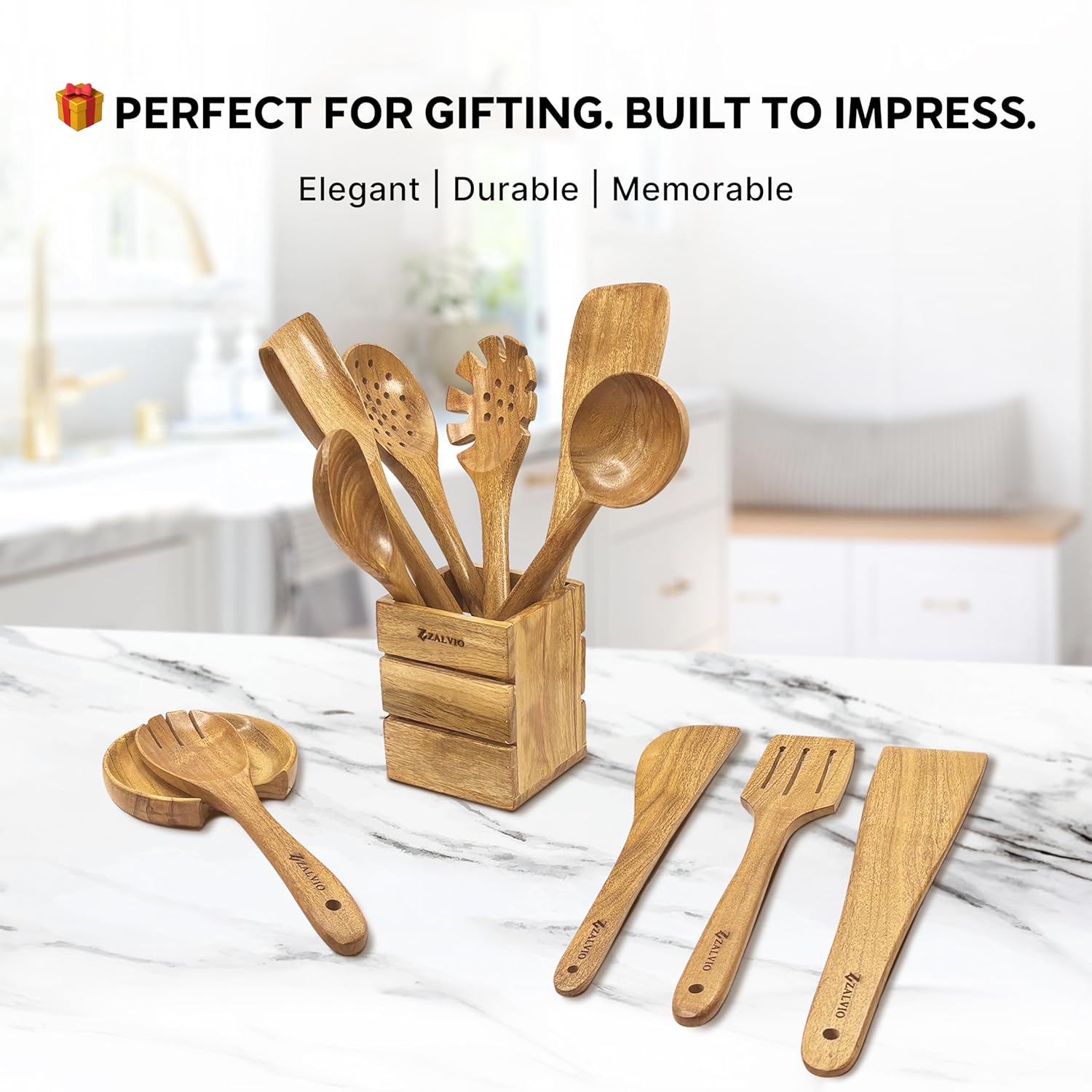 Zalvio 12-Piece Acacia Wood Kitchen Utensil Set – Wooden Spoons with Holder & Spoon Rest | Handmade Cooking Tools in Premium Gift Packaging