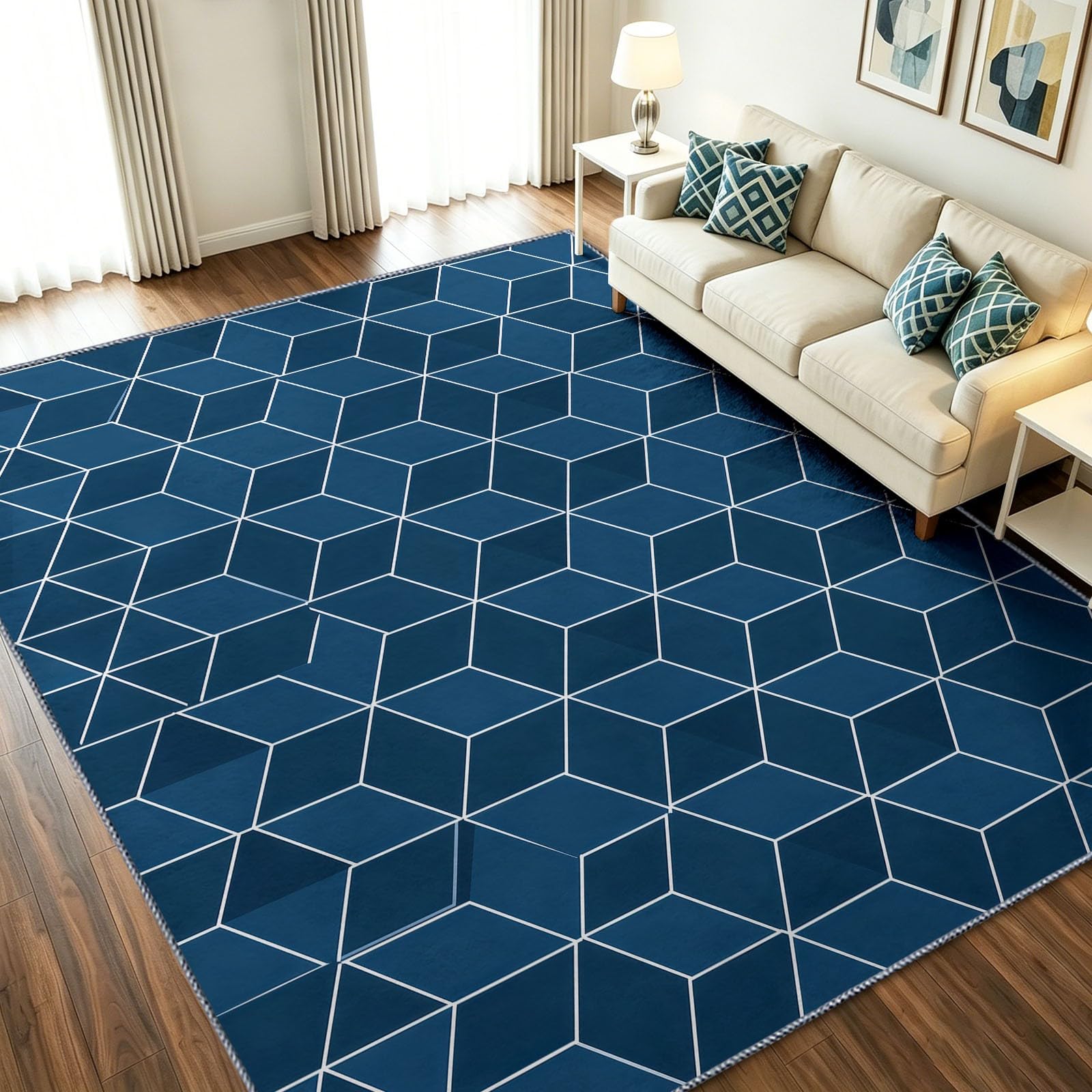 Tapis de chambre lavable en machine et antidérapant avec motif cube 3D doux