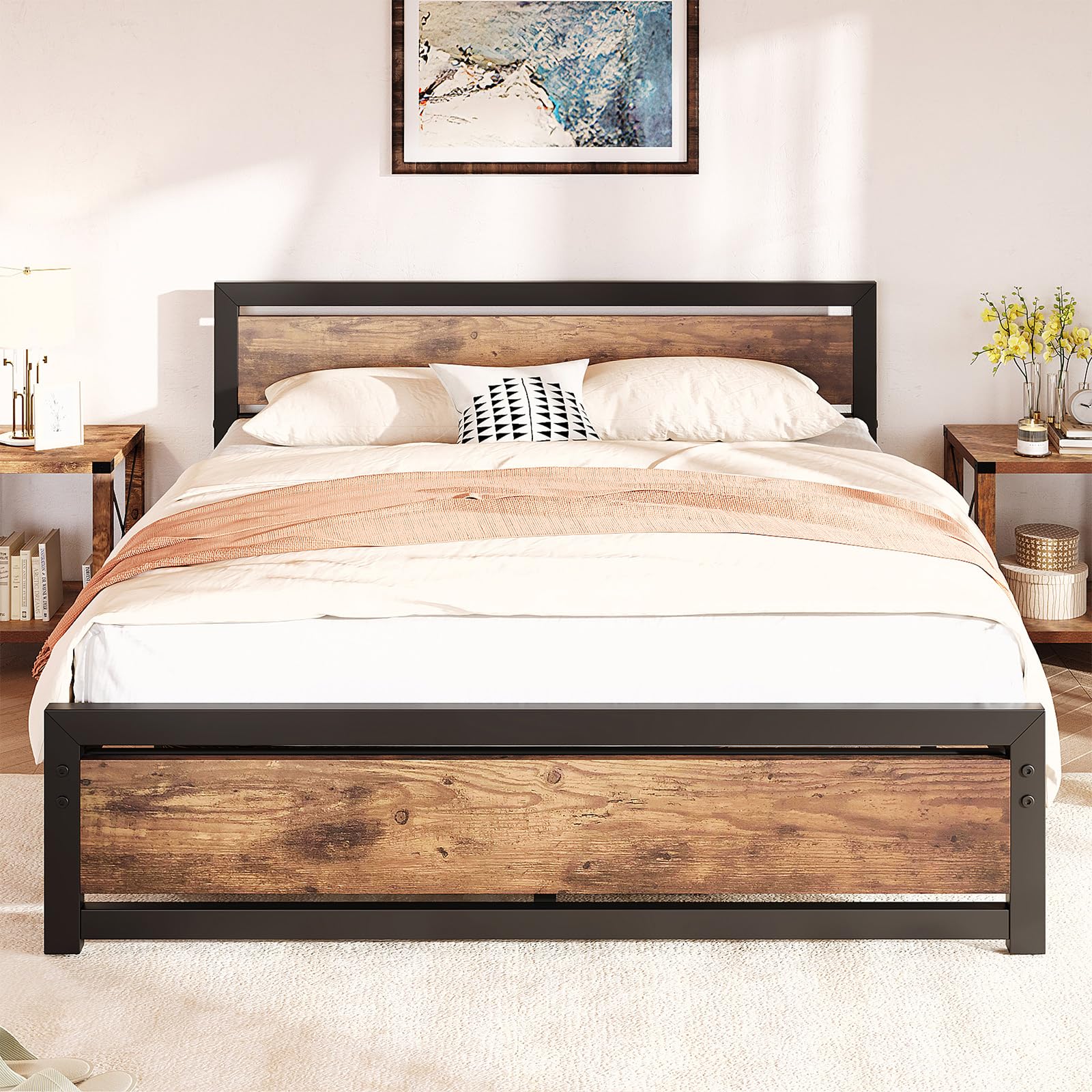 CABIHOME Full Size Bed Frame with Wooden Headboard, Industrial Full Bed Platform Metal Bedframe No Box Spring Needed, 14 inch Easy Assemble Noise Free
