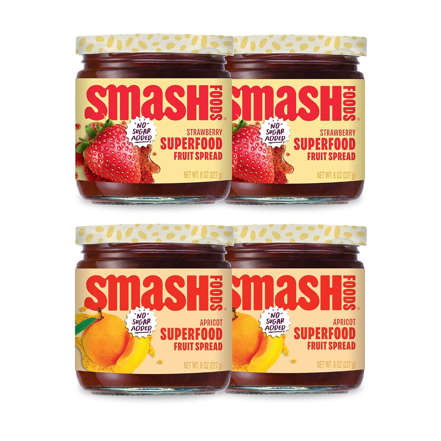 Smash Foods Superfood Jam Variety Pack (4 Jars) - Strawberry & Apricot, No Sugar Added, Keto, Paleo, Upcycled Fruit, Low-Calorie, Vegan
