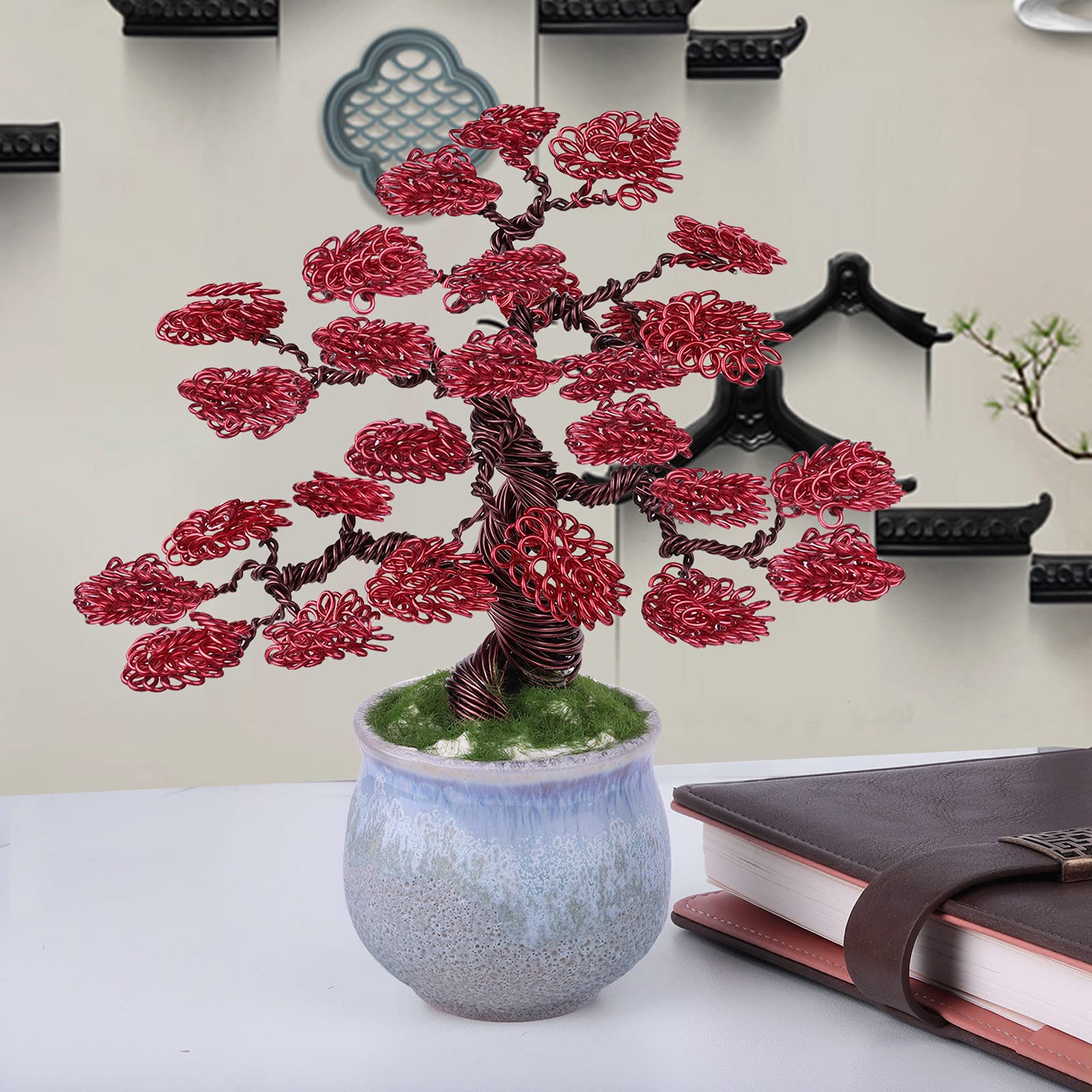 rockcloud Aluminum Wire Money Tree Sculpture with Ceramic Base Feng Shui Bonsai Home Office Decoration for Luck and Wealth, Red & Brown