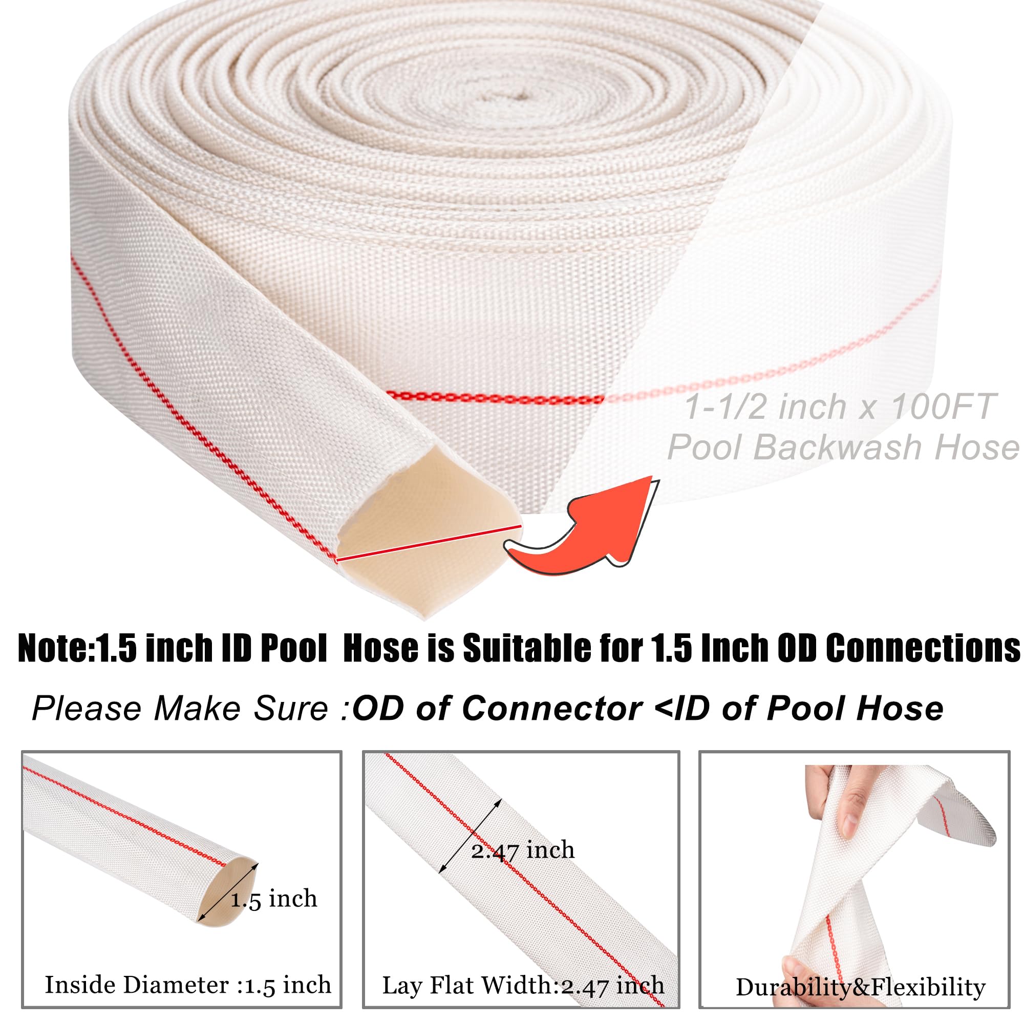 Manguera de retrolavado de 1-1/2 pulgadas de diámetro interior x 100 pies, manguera de descarga de piscina, manguera de agua de PVC resistente con 2 abrazaderas, tubo de drenaje de bomba plana