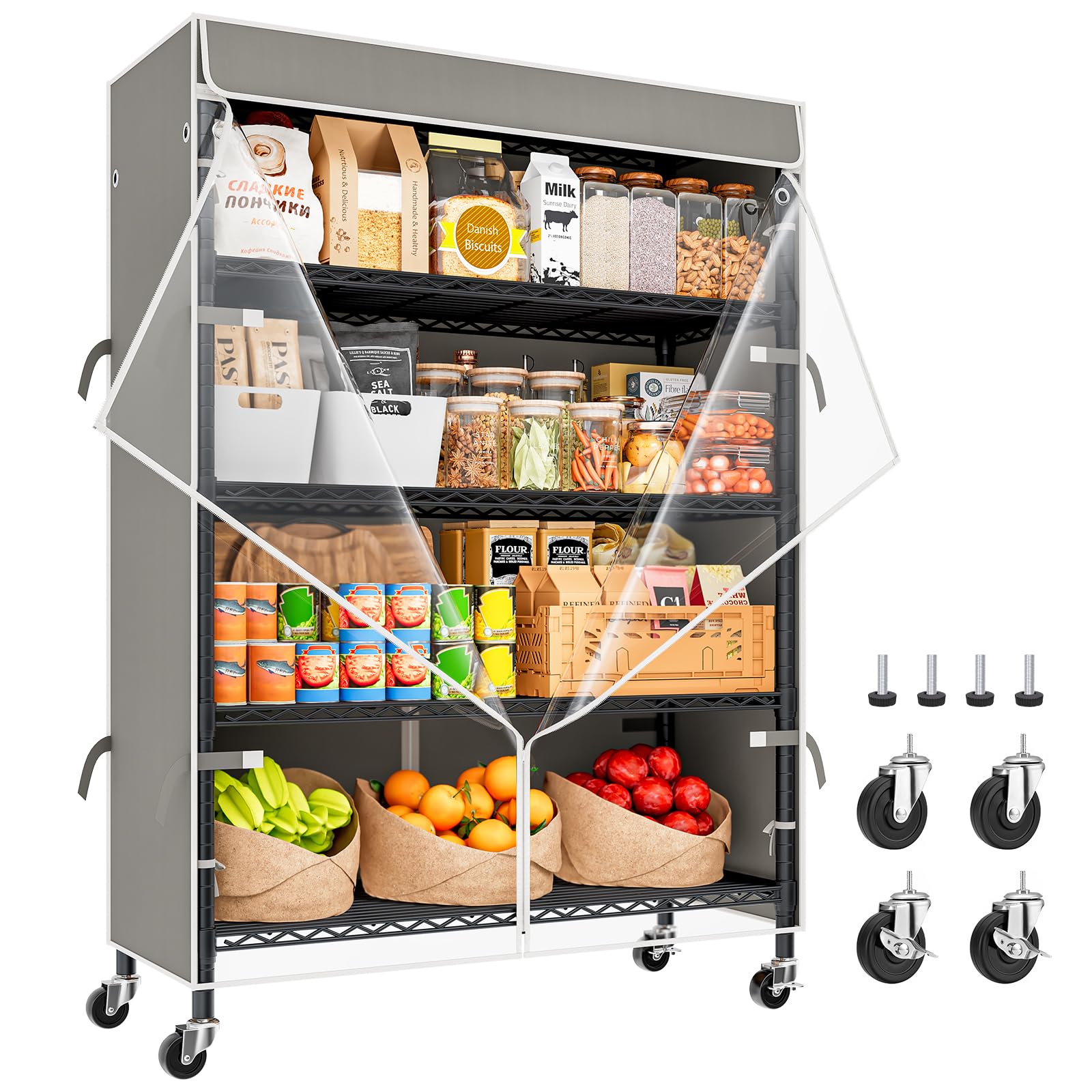 KZOBYD Scaffale alto 185 cm con copertura e ruote, scaffale in metallo resistente a 5 ripiani, scaffale in metallo con ripiani regolabili, scaffale portaoggetti per cucina e garage