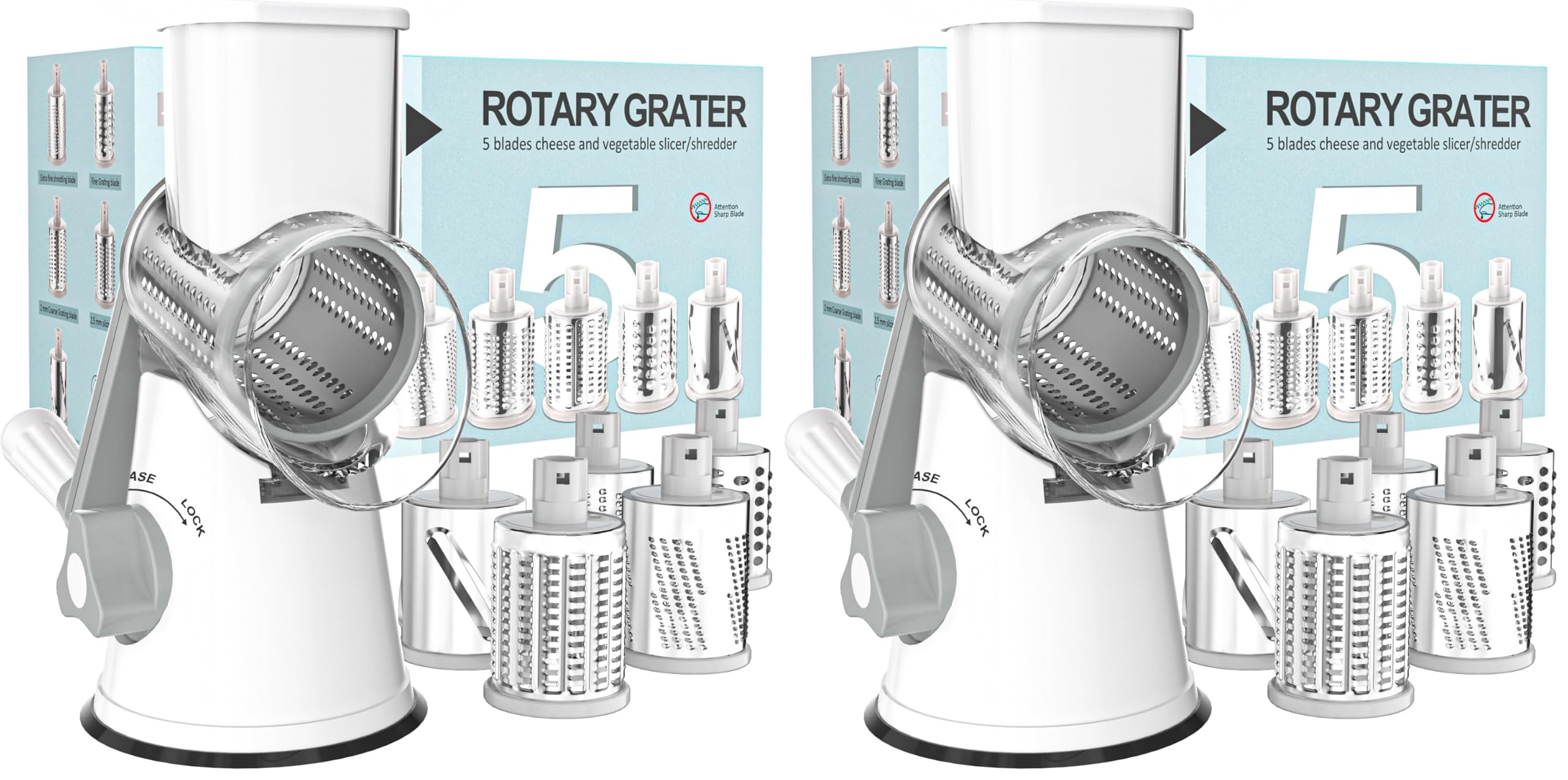 Cambom Rotary Cheese Grater Hand Crank Cheese Shredder for Fresh Cheese, Vegetable, Nuts,Non-slip Suction Base, Five Blades, White (Pack of 2)