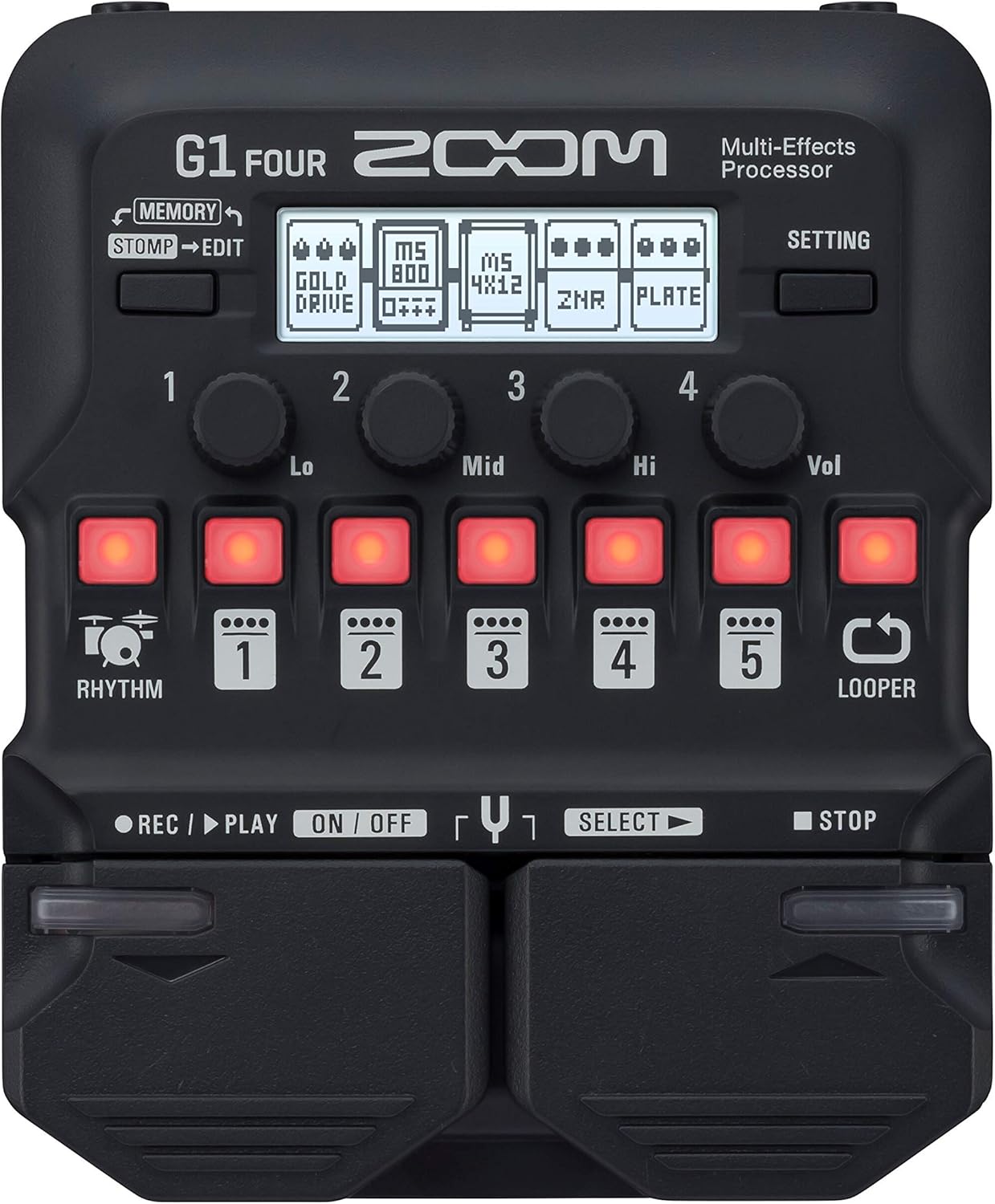 Zoom G1 Four Guitar MultiEffects Processor + (1) 20ft Instrument Cable + (1) 9V Power Supply + K&M Cloth