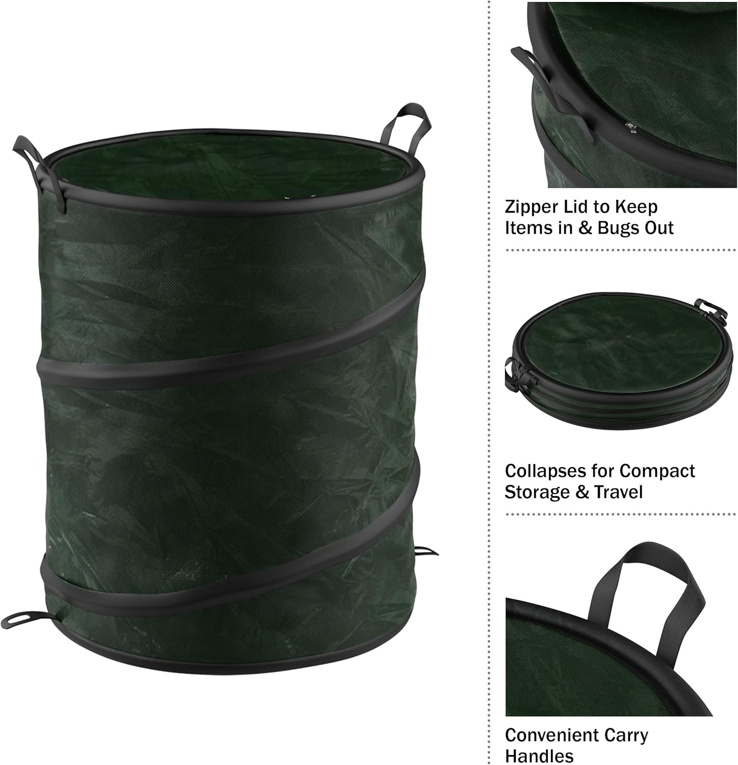 Close-up images of the trash can's zippered lid, collapsed state, and carry handles.
