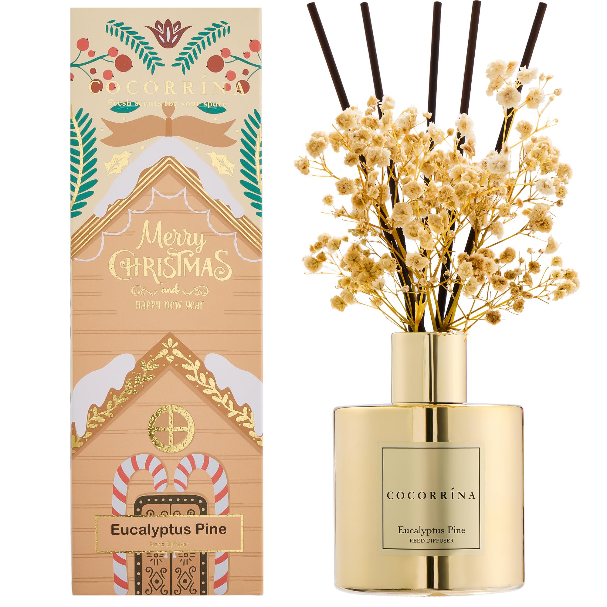 COCORRÍNA Reed Diffuser Sets - 200ml Eucalyptus Pine Christmas Diffuser with 8 Sticks Home Fragrance for Bedroom Bathroom Living Room, Home & Office Decor