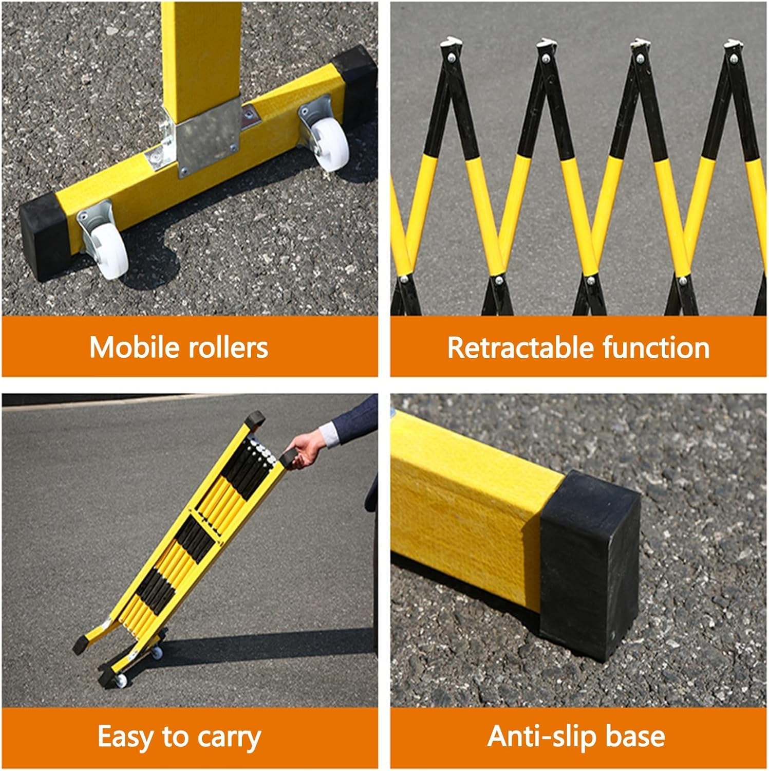 Genérico Barrera de Seguridad portátil y Extensible - Barricada móvil Flexible y retráctil para construcción al Aire Libre, Seguridad Vial, Amarillo y Negro - 1,2 m x 2 m