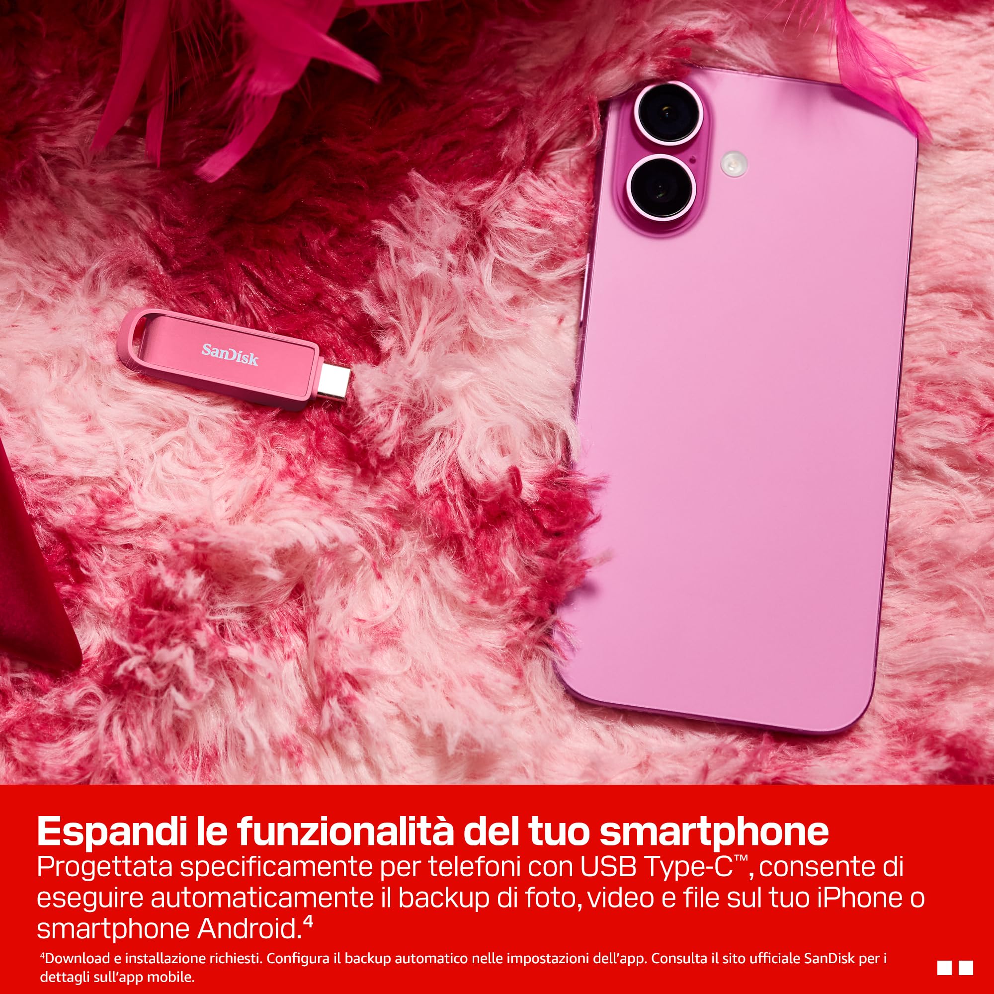 SANDISK Unità per telefono con USB Type-C 1 TB (per smartphone, tablet e computer, velocità fino a 150 MB/s, backup automatic, recupero dati) - Seastar Pink