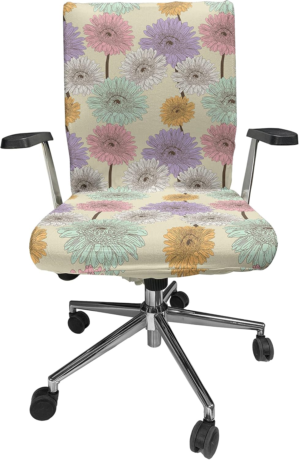 Ambesonne Colorful Office Chair Cover, Gerbera Daisy Arrangement Vintage Inspirations Hand Drawn Blooming Nature, Stretchable Decorative Universal Size High Back Printed Slipcover, Rose Ivory Beige