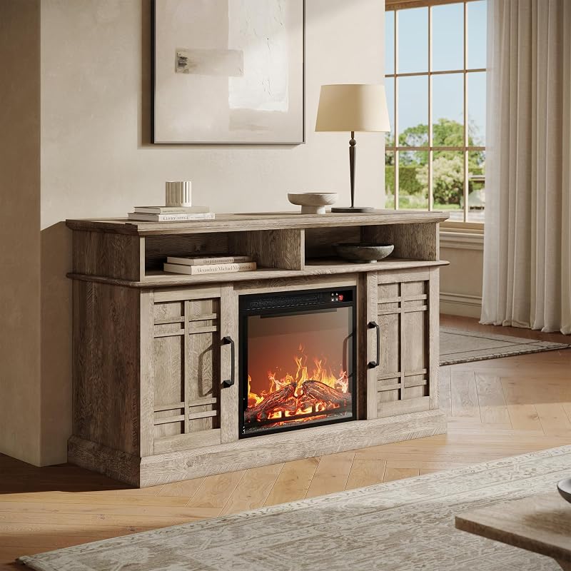 BELLEZE Norrell 48" TV Stand with 18" Electric Fireplace - Ashland Pine
