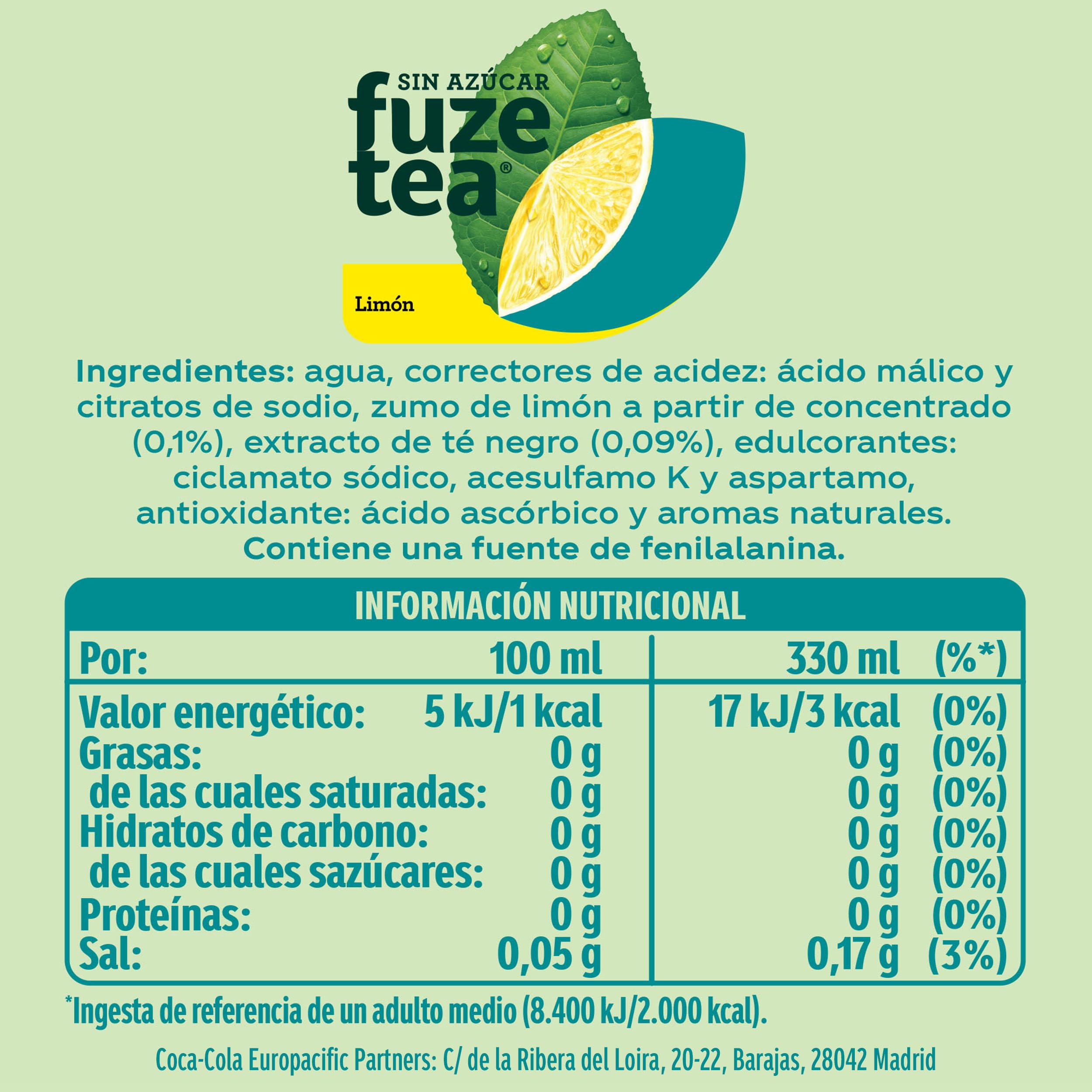 Fuze Tea Original, Sabor Limón Zero Azúcar, Latas de 330 ml, Pack 24