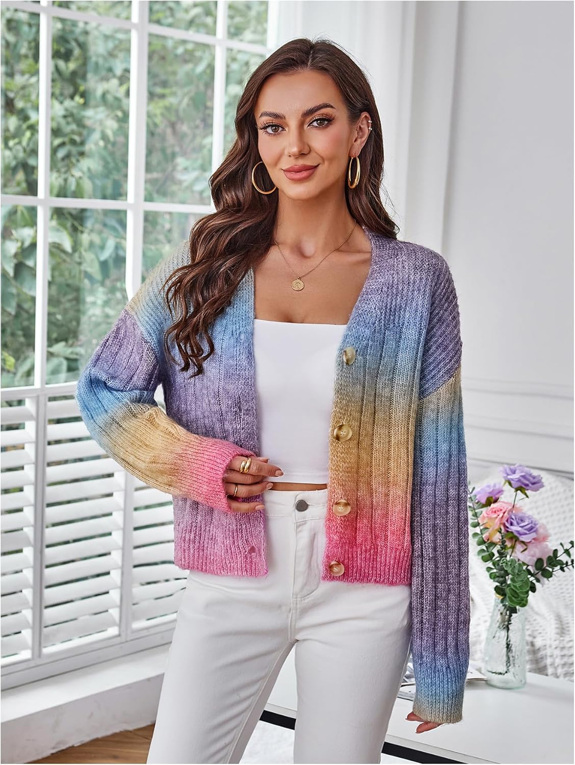 MakeMeChic Women's Colorful Chunky Cropped Cardigans Button Down Long Sleeve Drop Shoulder Rainbow Sweater - Image 3