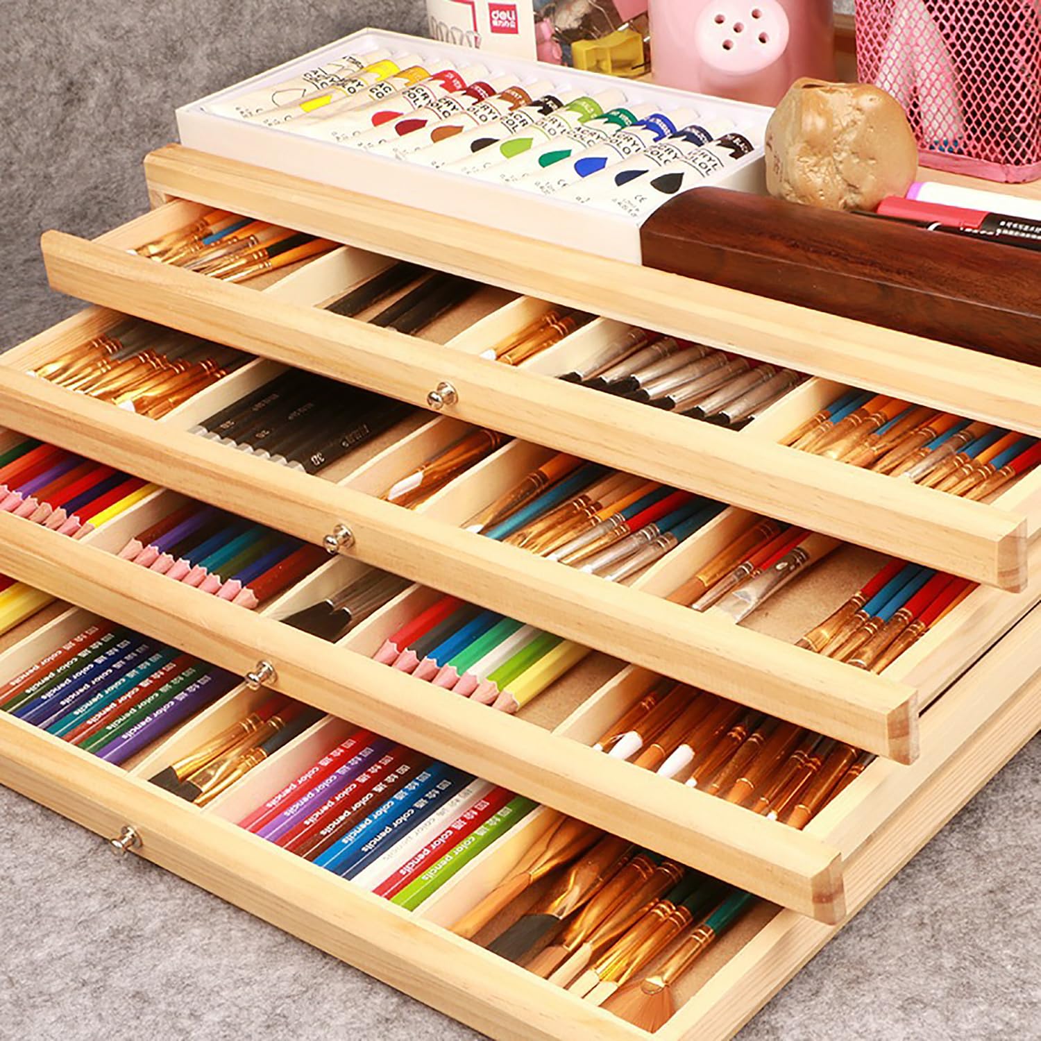 Boîte de Rangement en Bois,6 Tiroirs,avec Séparateurs Amovibles,pour Pinceaux,Marqueurs et Autres Outils Artistiques,40×25.5×15.2cm