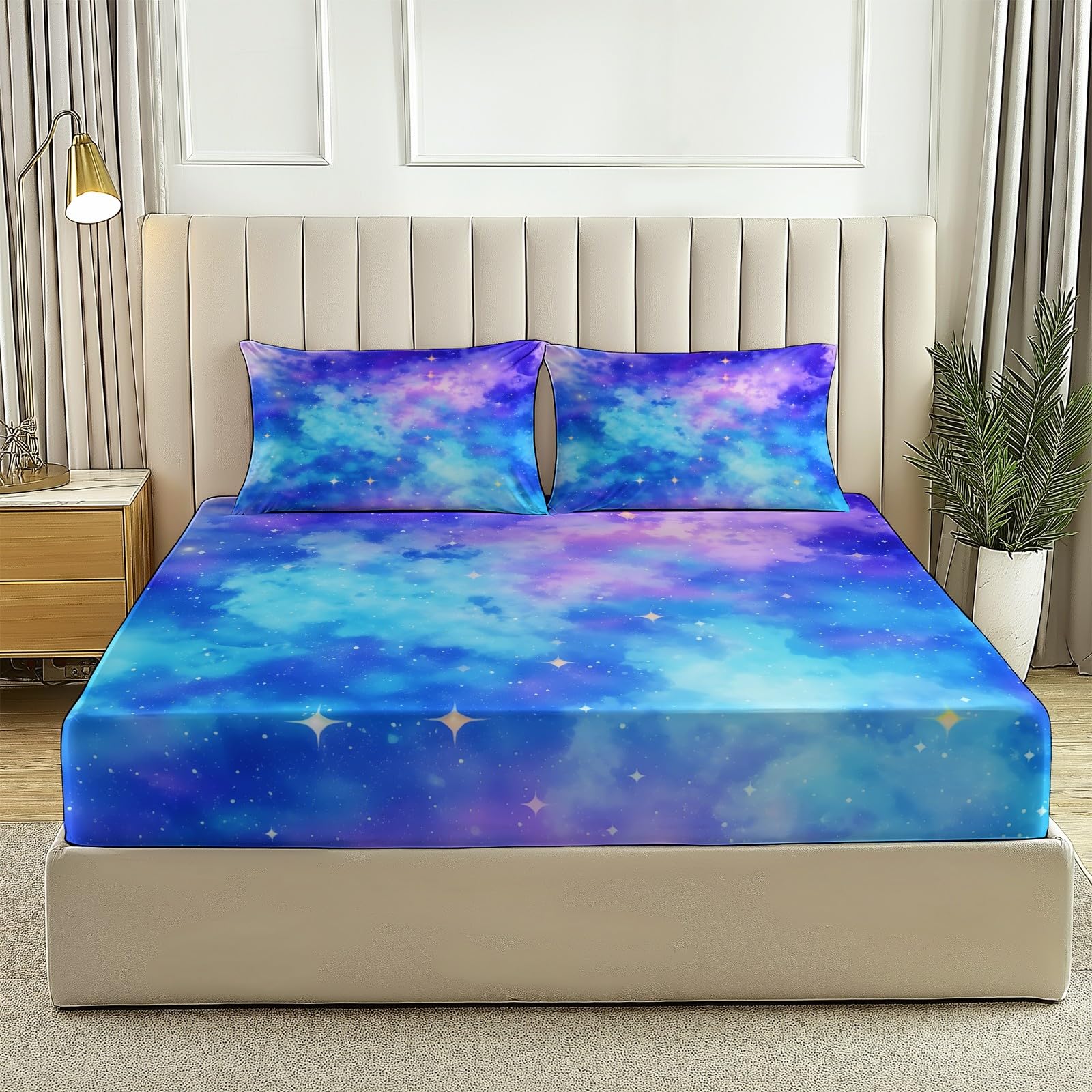 Prześcieradło z gumką Sen Gwiazdy Galaktyka Drukowanie Miękka Mikrofibra - 140 × 200 cm Wysokość materaca do 30 cm, fioletowy Oddychający i zmywalny pokrowiec na materac z 2 poszewkami na poduszki