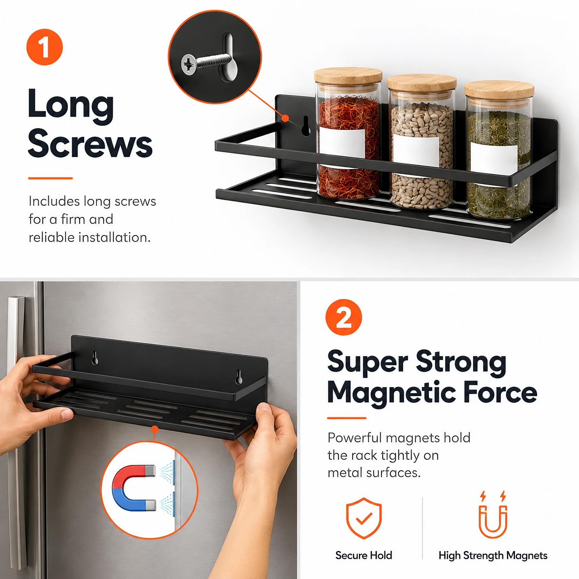 Magnetisches Gewürzregal für Kühlschrank, Gewürz-Organizer für Küche, Aufbewahrung mit Schraube, magnetisches Regal für Ofen, Wohnmobil, Garage, Badezimmer (Schwarz, 4er-Pack)