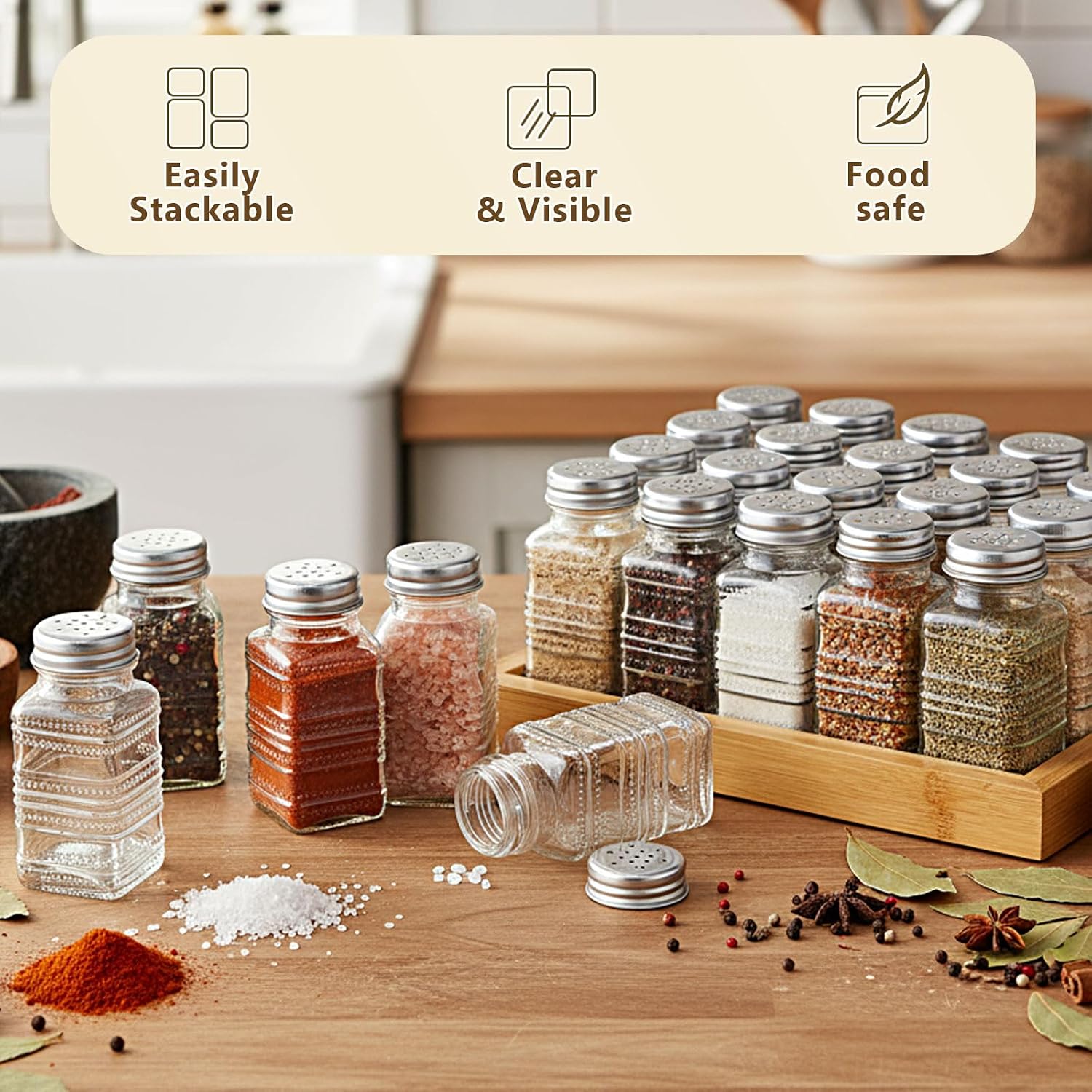 Bokon 48 Pack Glass Salt Pepper Shakers 2.7oz,Silver,Modern image 5