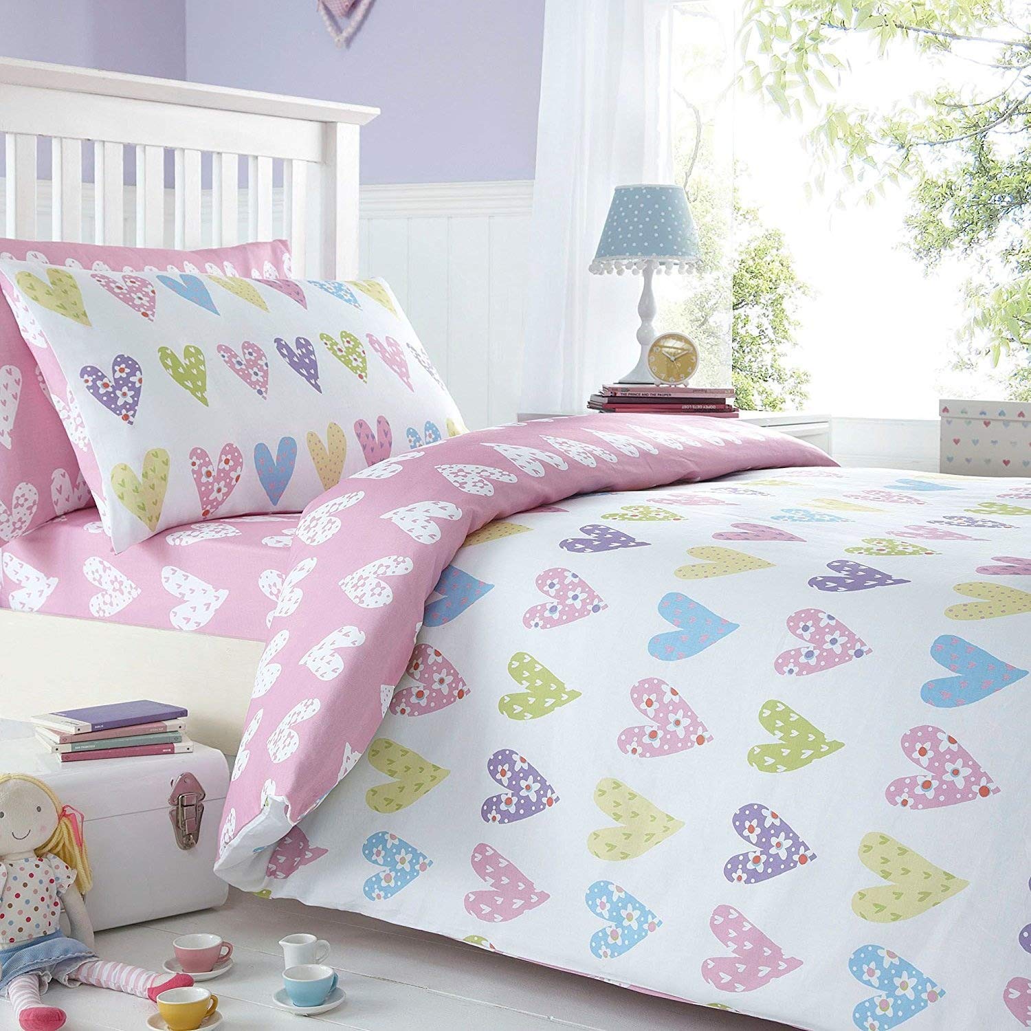 Bluezoo Childrens Kids Pink Heart Print Reversible Single Duvet