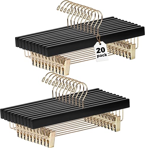 Quality Hangers Perchas de madera negras para pantalones, paquete de 20 perchas giratorias para ropa, falda de madera de loto, pantalones,