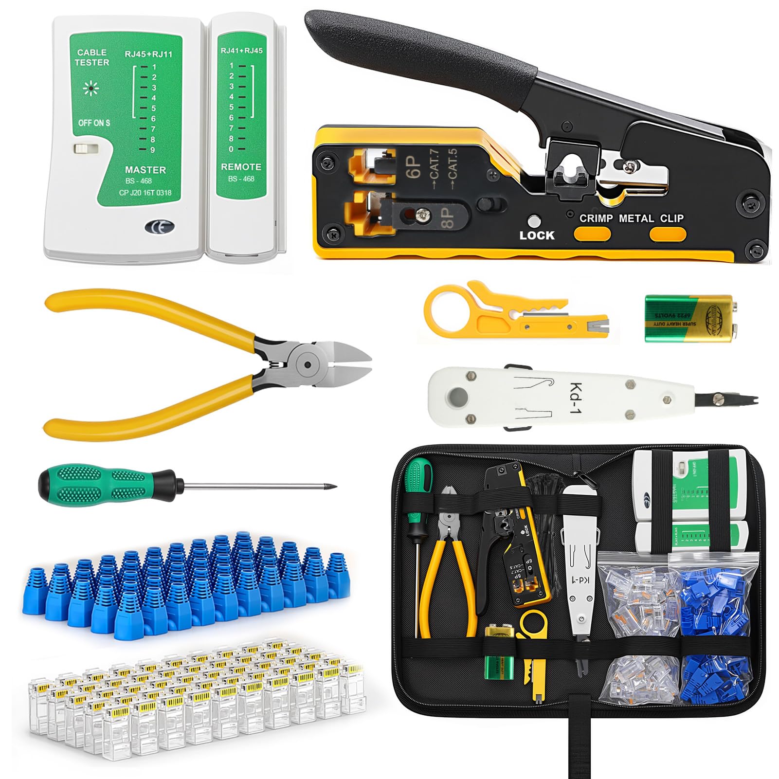 Crimpadora RJ45 Kit Herramientas de Red SOARFLY | Juego Completo con Conectores RJ45 Pasantes Cat5/Cat6/Cat7, 50 PCS Conectores, Pelacables, Comprobador de Red y Compatibilidad con RJ11/RJ12/RJ45