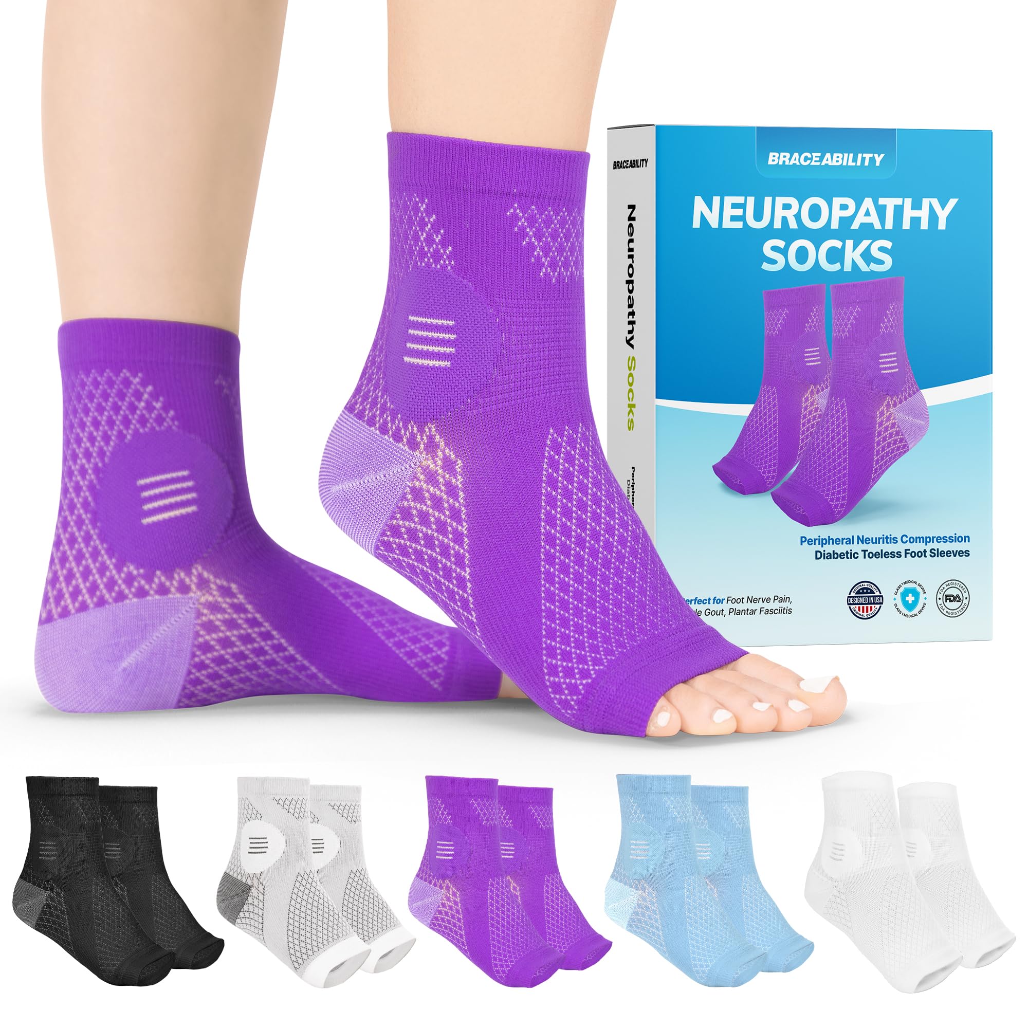 BraceAbility Neuropathy Socks for Women and Men - Toeless Compression Foot Neuropathy Socks, Peripheral Neuropathy Socks, Diabetic Neuropathy Socks, Arthritis Socks (XL - Purple)