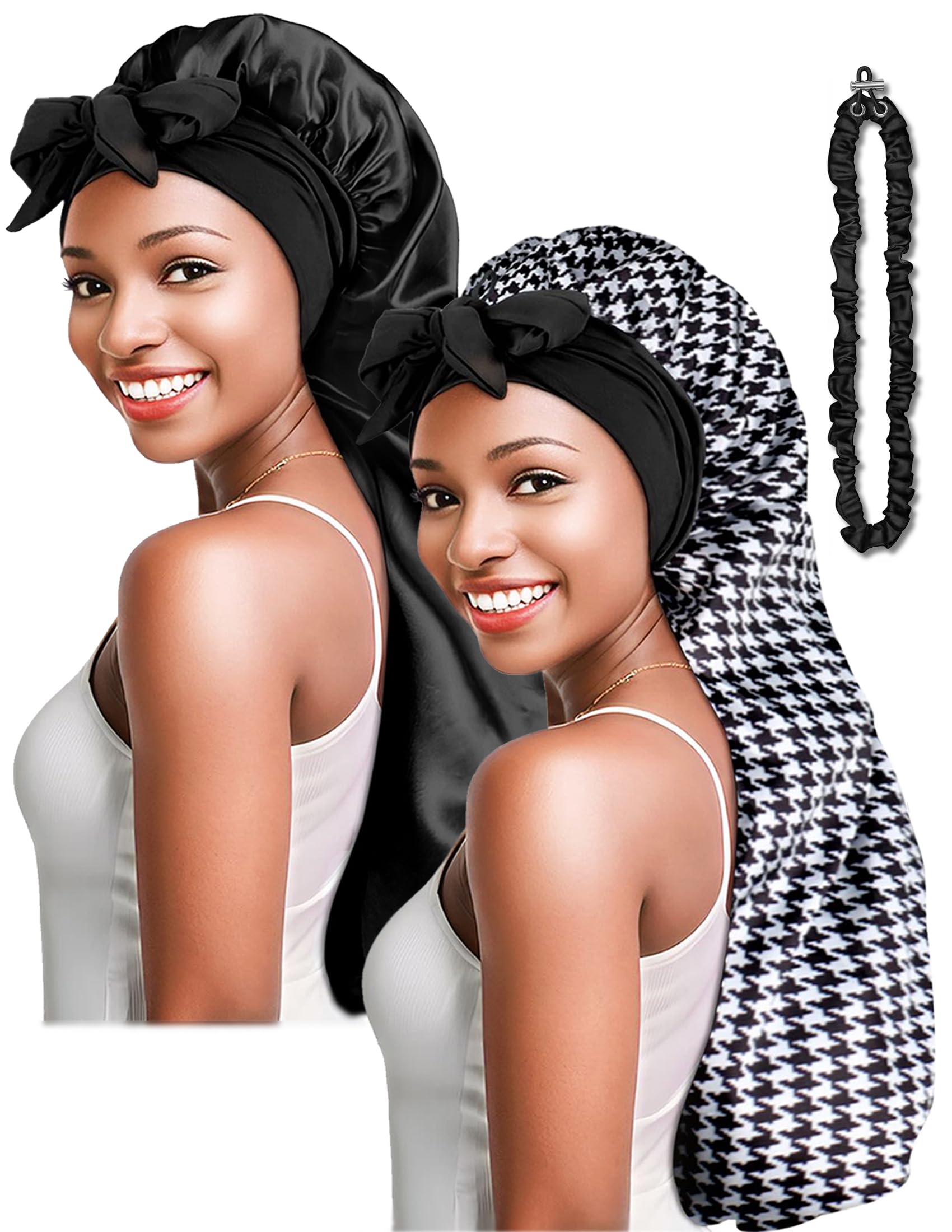 Babalet 2PCS Long Satin Bonnet for Sleeping Braid Bonnet Foldable Silk Bonnet with Elastic Tie Band for Black Women Long Curly Locs Braids with Adjustable Silk Hair Ties