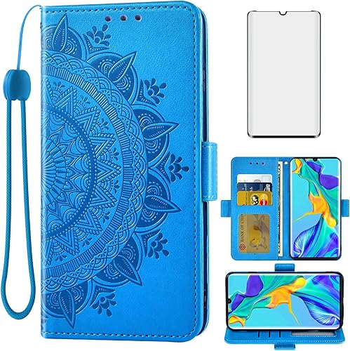 Asuwish Compatible con Huawei P30 Pro - Funda tipo cartera de vidrio templado, protector de pantalla con tarjetero, accesorios para monedero, correa