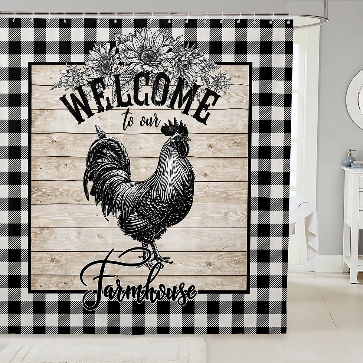 Farmhouse Chicken Shower Curtain with Hooks,Sunflowers Floral Animal Room Decor Bath Curtain,Retro Board Black White Plaid Bathroom Accessories Waterproof Fabric Panel, 72Wx84L inch