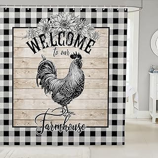 Castle Fairy Farmhouse Chicken Shower Curtains Home Decor,Sunflowers Floral Animal Bath Curtain,Retro Board Black White Plaid Cloth Waterproof Fabric Bath Room Decor Set with Hooks, 72Wx72L inch