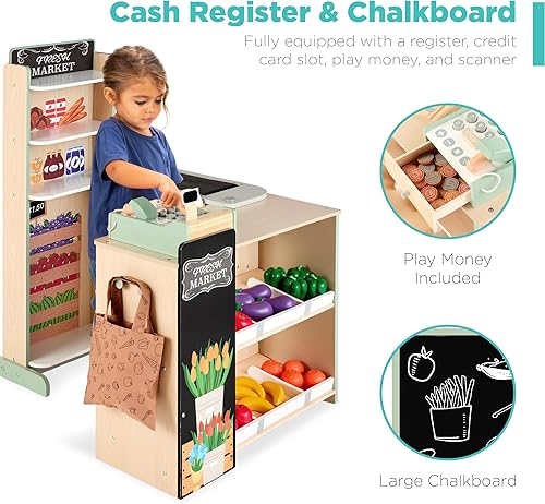 Miniatura 4 de Best Choice Products Juego de juguetes de supermercado de madera para niños con comida de juego, pizarra, caja registradora, transportador de