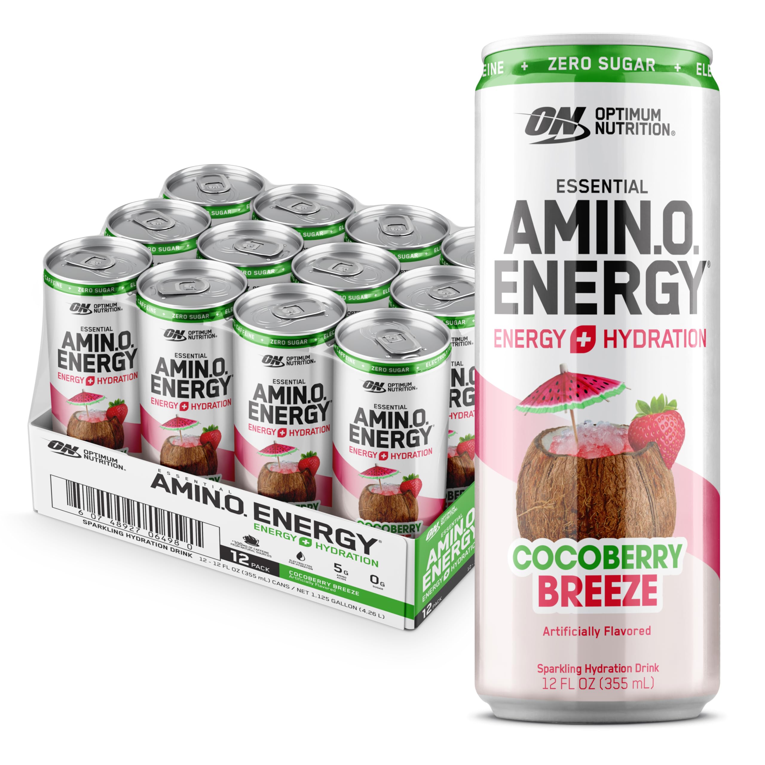 Optimum NutritionAmino Energy Sparkling Hydration Drink, Electrolytes, Caffeine, Amino Acids, BCAAs, Sugar Free, Cocoberry Breeze, 12 Fl Oz, 12 Pack (Packaging May Vary)