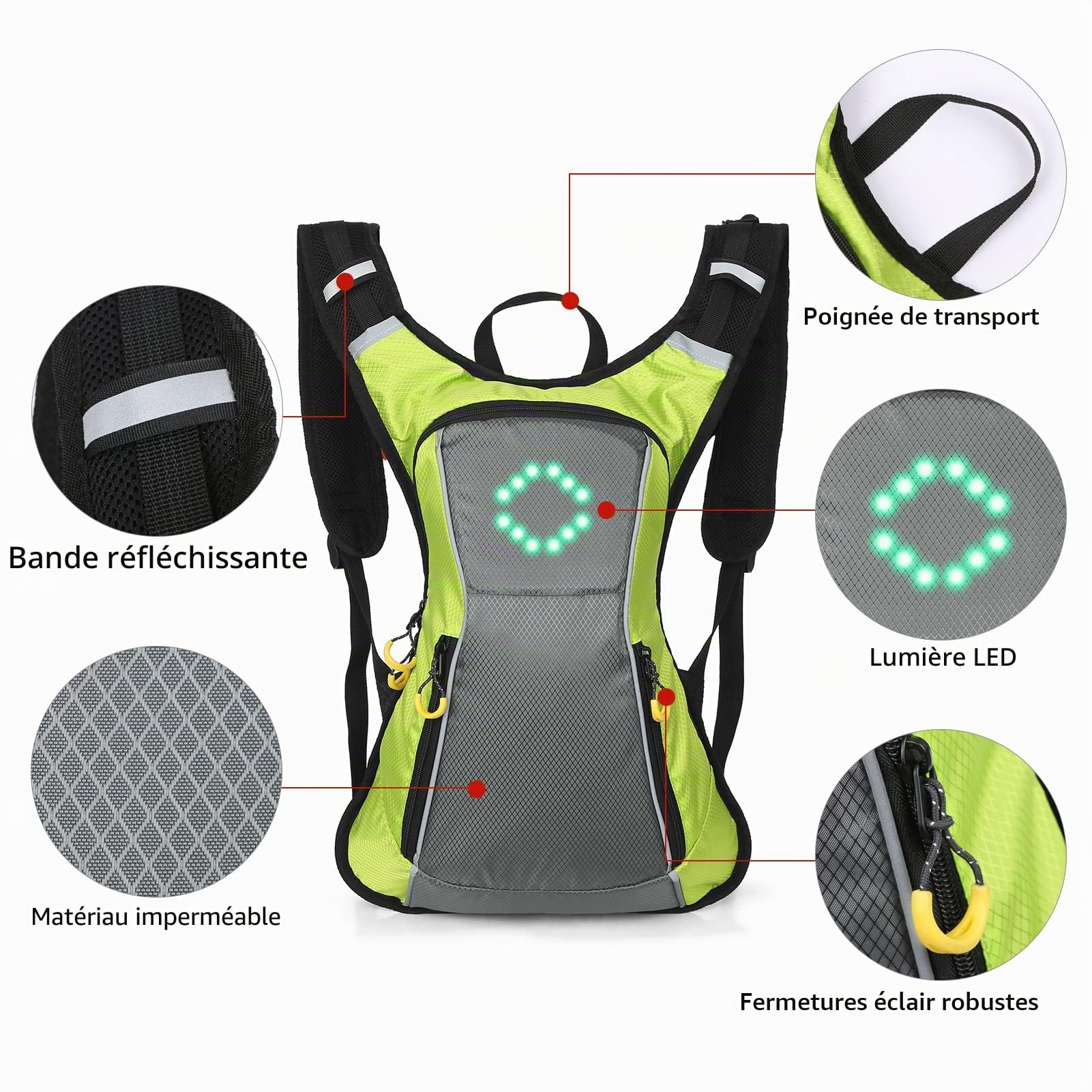 Sac À Dos Avec Clignotants LED IPX5 Sac À Dos Réfléchissant Étanche Avec Indicateur De Direction Sac De Lumière De Sécurité Rechargeable Par USB Sac De Vélo Télécommandé Sans Fil Pour Cyclisme