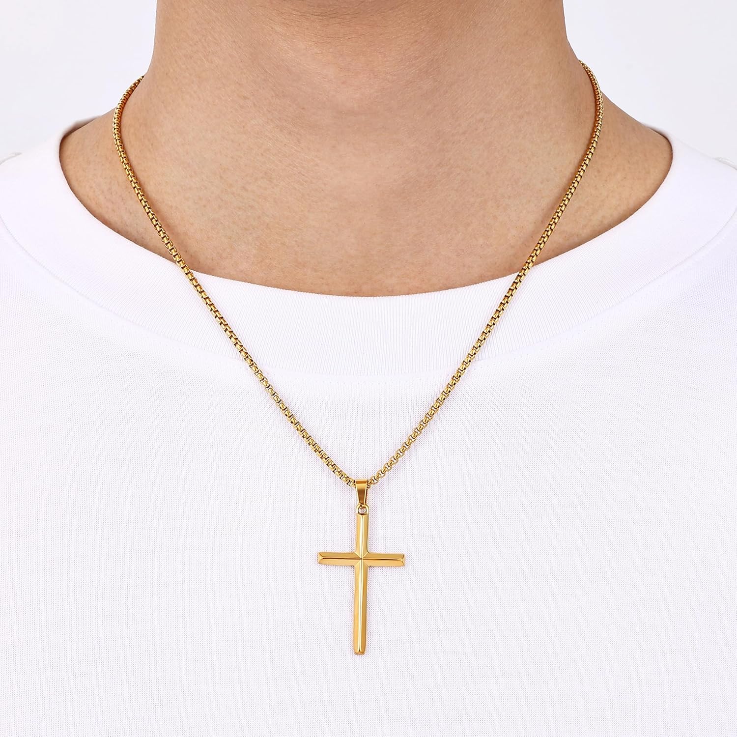 Fiusem Beveled Edge Cross Necklace for Men, Silver Tone/Black/14K Gold Plated Mens Cross Necklace, 2.5MM Stainless Steel Box Chain with Pendant - Image 2