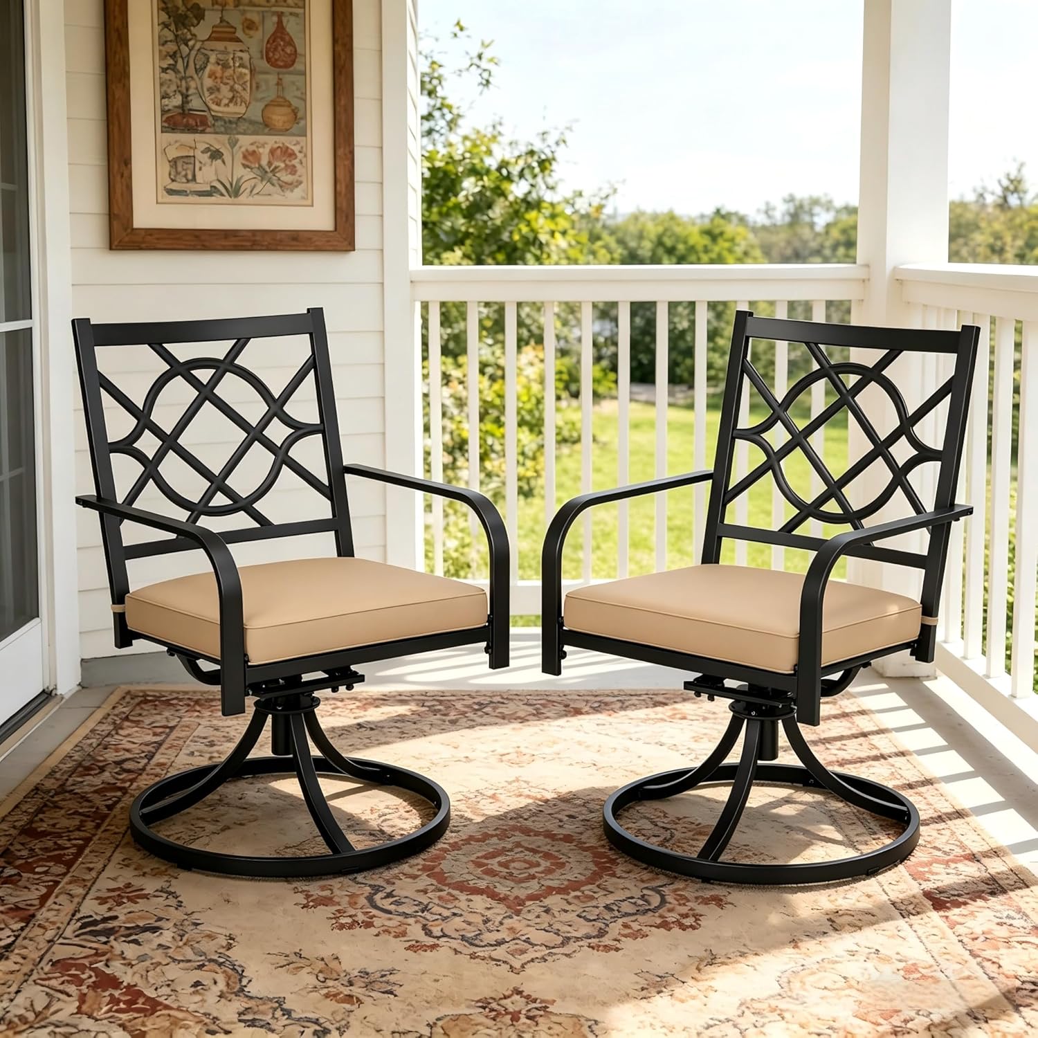 Oakcloud Outdoor Metal Swivel Dining Chairs, Strong Capacity Patio Chairs Set of 2, Patio Dining Chair Patio Furniture with Cushion for Garden, Backyard, Bistro, Black